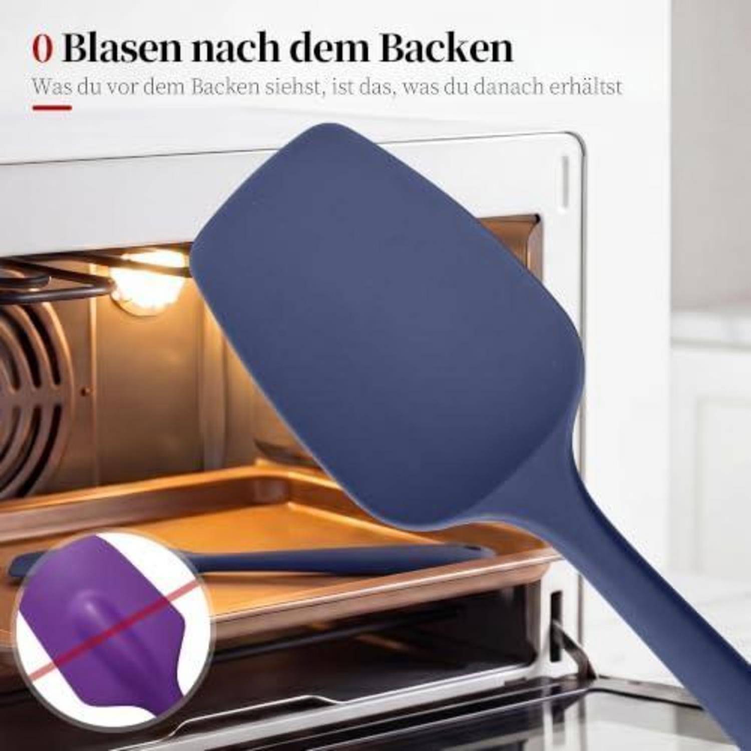 Illustration eines dunkelblauen Silikonspachtels vor einem Ofen, mit einer vergrößerten Detailansicht, die eine Blase auf dem Spachtel zeigt, und deutscher Überschrift „0 Blasen nach dem Backen