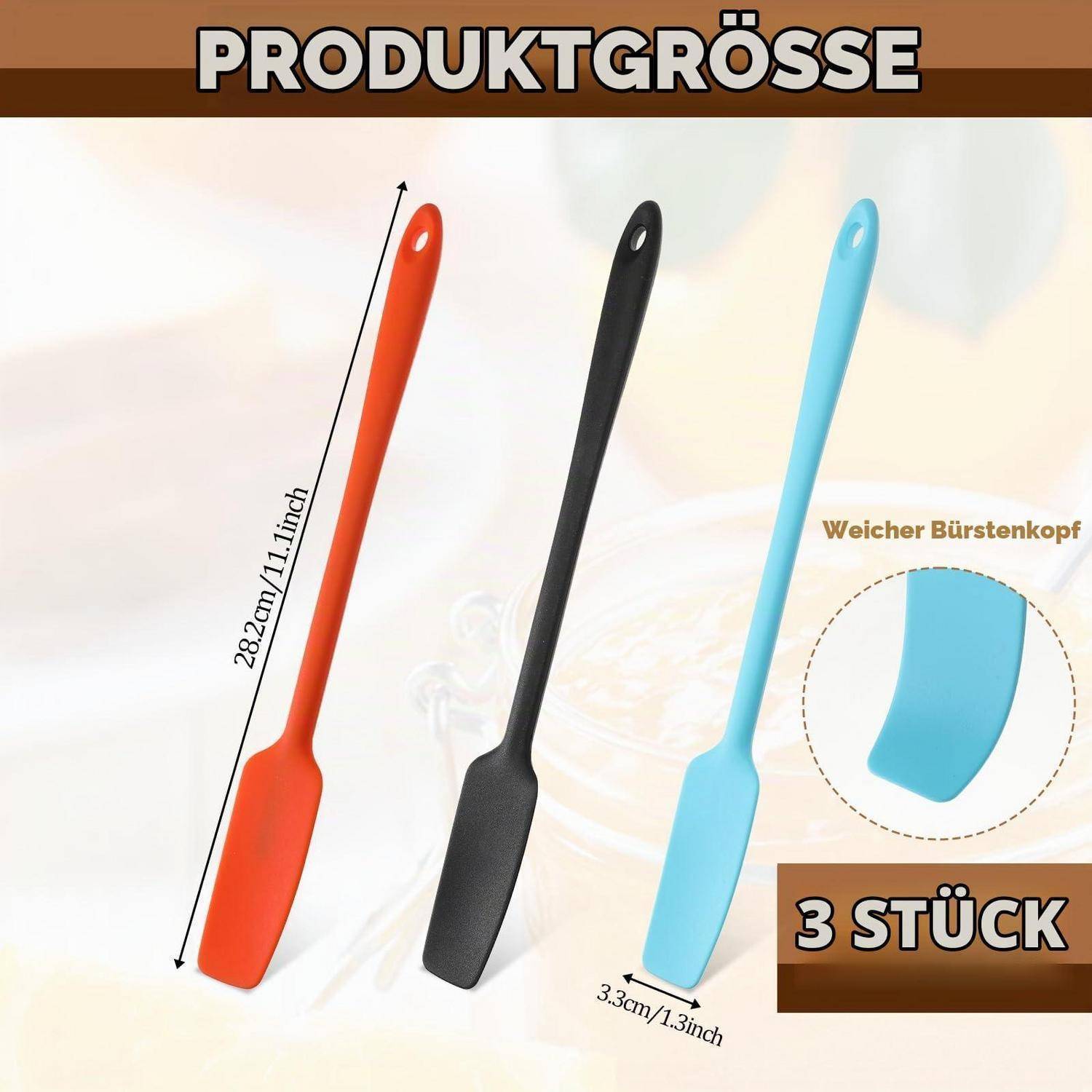 Produktgrößengrafik mit drei Spachteln mit langem Griff in Rot, Schwarz und Blau, beschriftet mit 28,2 cm/11,1 Zoll Länge und 3,3 cm/1,3 Zoll Breite, mit eingefügtem Bürstenkopf und „3 STÜCK