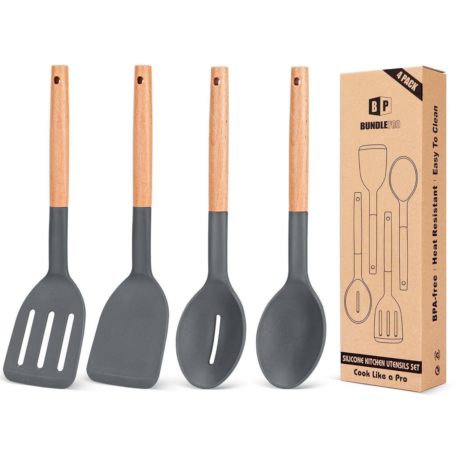 Vier Silikon-Küchenutensilien mit Holzgriffen, plus Verpackung mit der Aufschrift „BUNDLEPRO