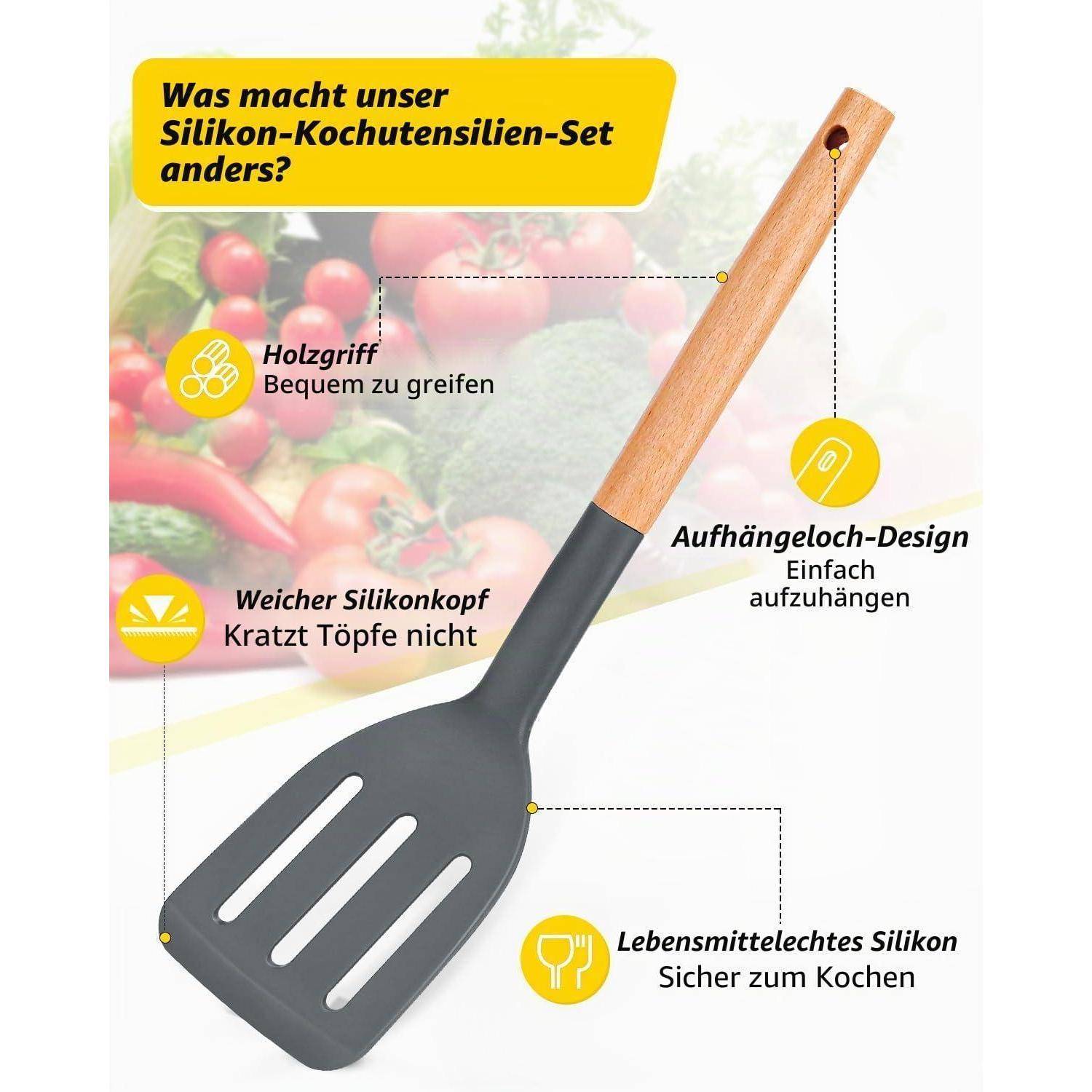 4er Kochgeschirr Set Silikon Holzgriff Grau Antihaft Hitzebeständig