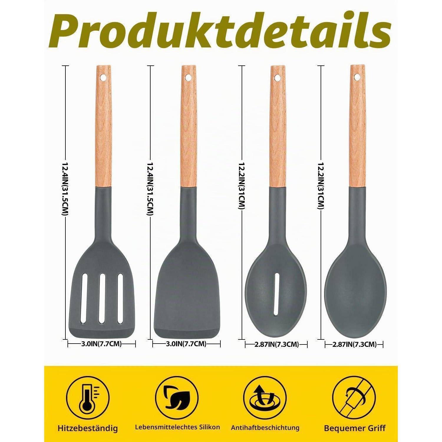 Produktdetailbild mit vier Silikonkochutensilien mit Holzgriffen und Maßangaben; Symbole weisen auf hitzebeständig, lebensmittelverträglich, antihaftbeschichtet und ergonomischer Griff hin.