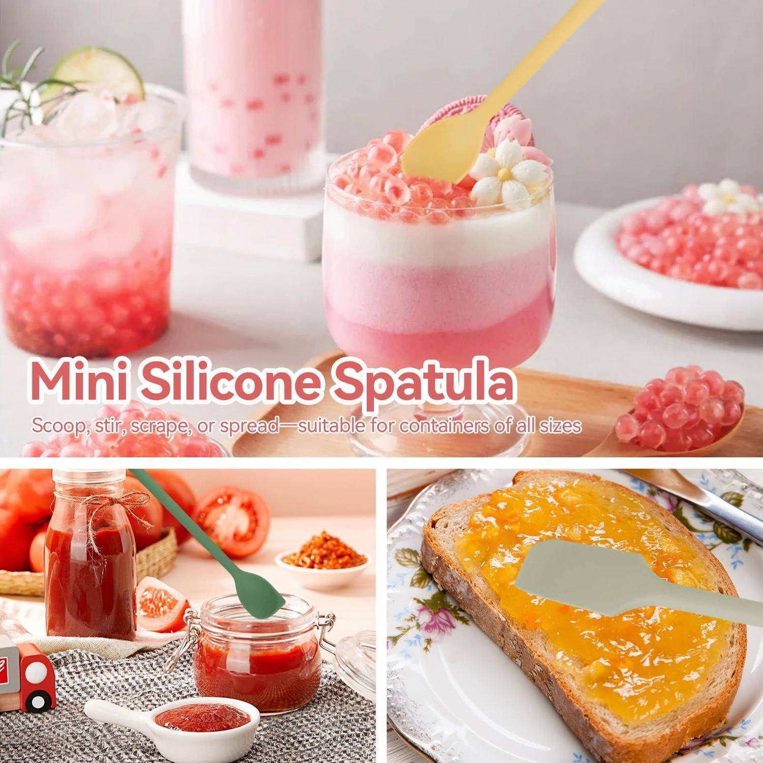 Werbebild einer mini Silikonspatel zum Schöpfen, Rühren, Kratzen oder Streichen in kleinen Behältern; gezeigt mit Dessertgläsern und Toast.