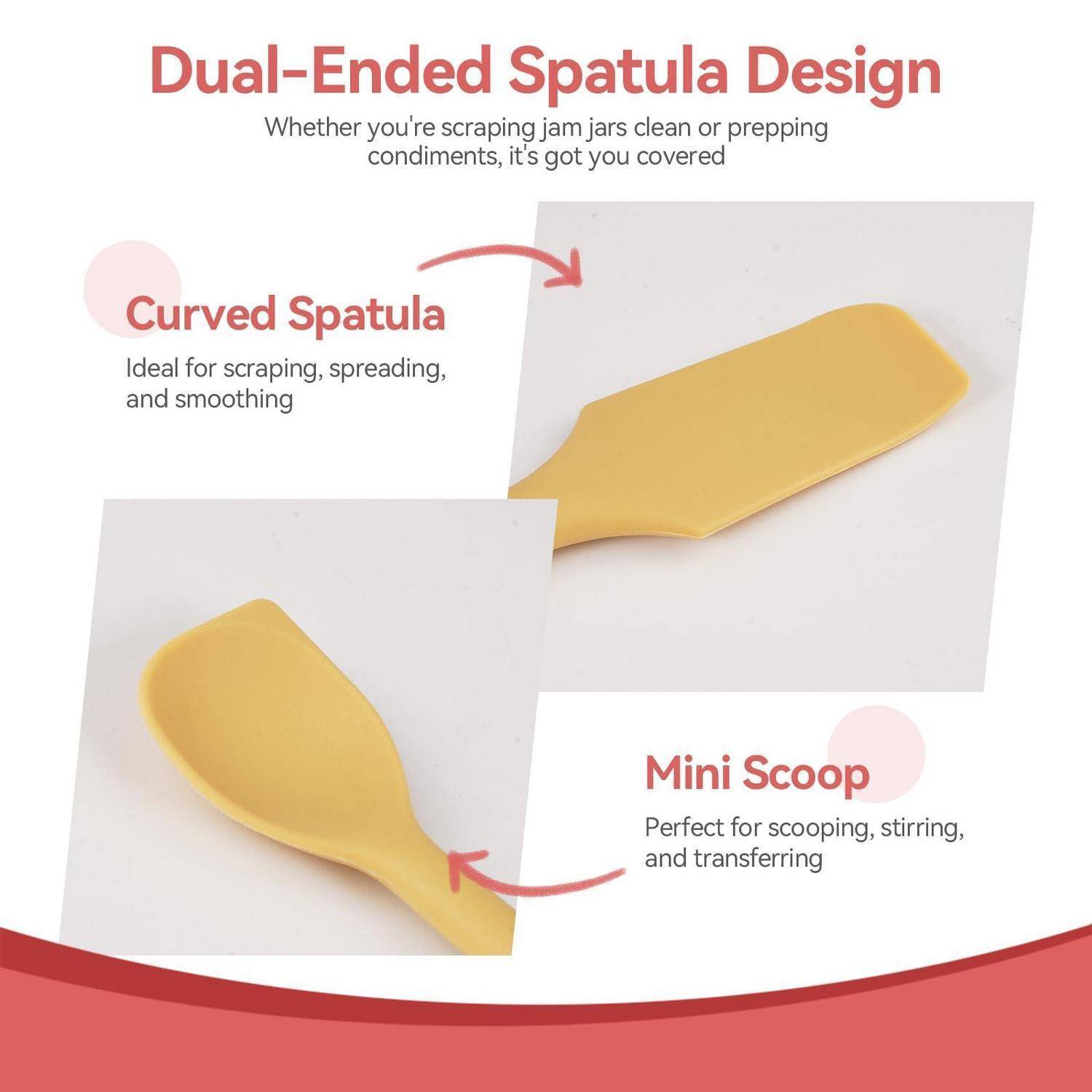 Infografik eines doppelendigen Spachtels mit Design-Darstellung, die einen gekrümmten Spachtel zum Kratzen, Verteilen und Glätten sowie einen Mini-Löffel zum Schöpfen, Rühren und Umfüllen zeigt.