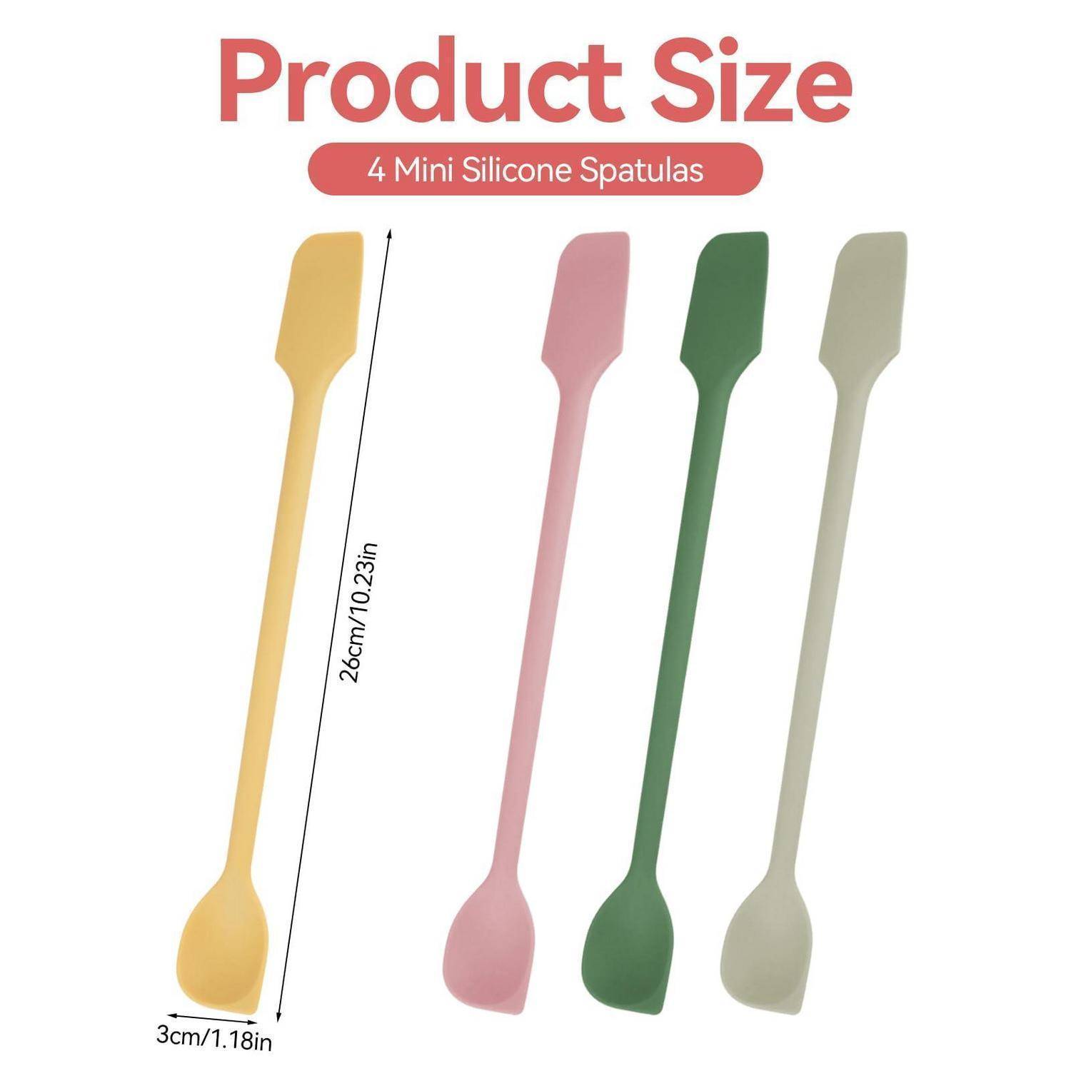 Produktgrößengrafik mit 4 Mini-Silikonspachteln in Gelb, Rosa, Grün und Beige; jede ist 26 cm (10,23 Zoll) lang und 3 cm (1,18 Zoll) breit.