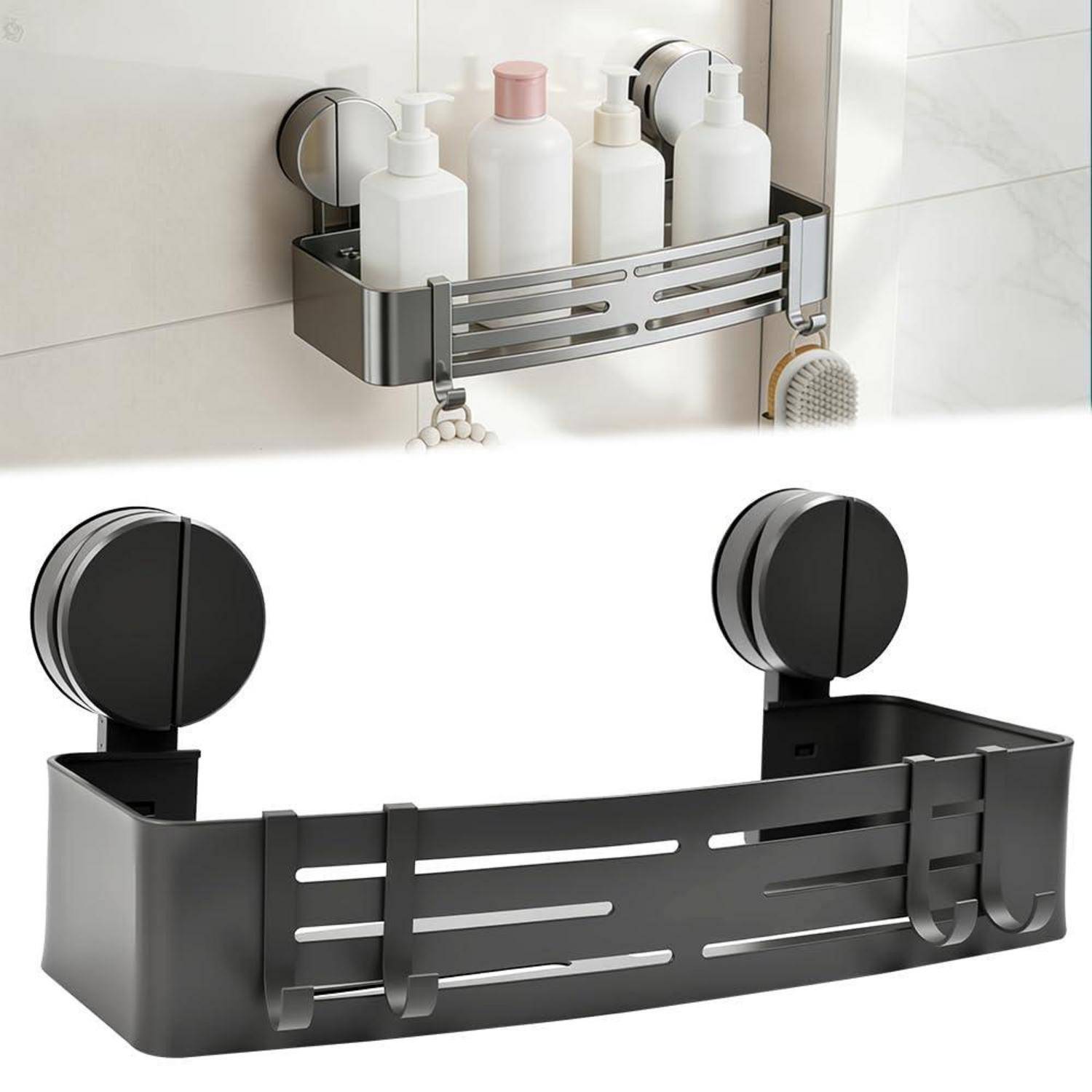 Wandmontiertes Badezimmer-Duschablage mit Saugnäpfen, die Shampoo- und Seifenflaschen in der Nähe einer Duschwand hält.