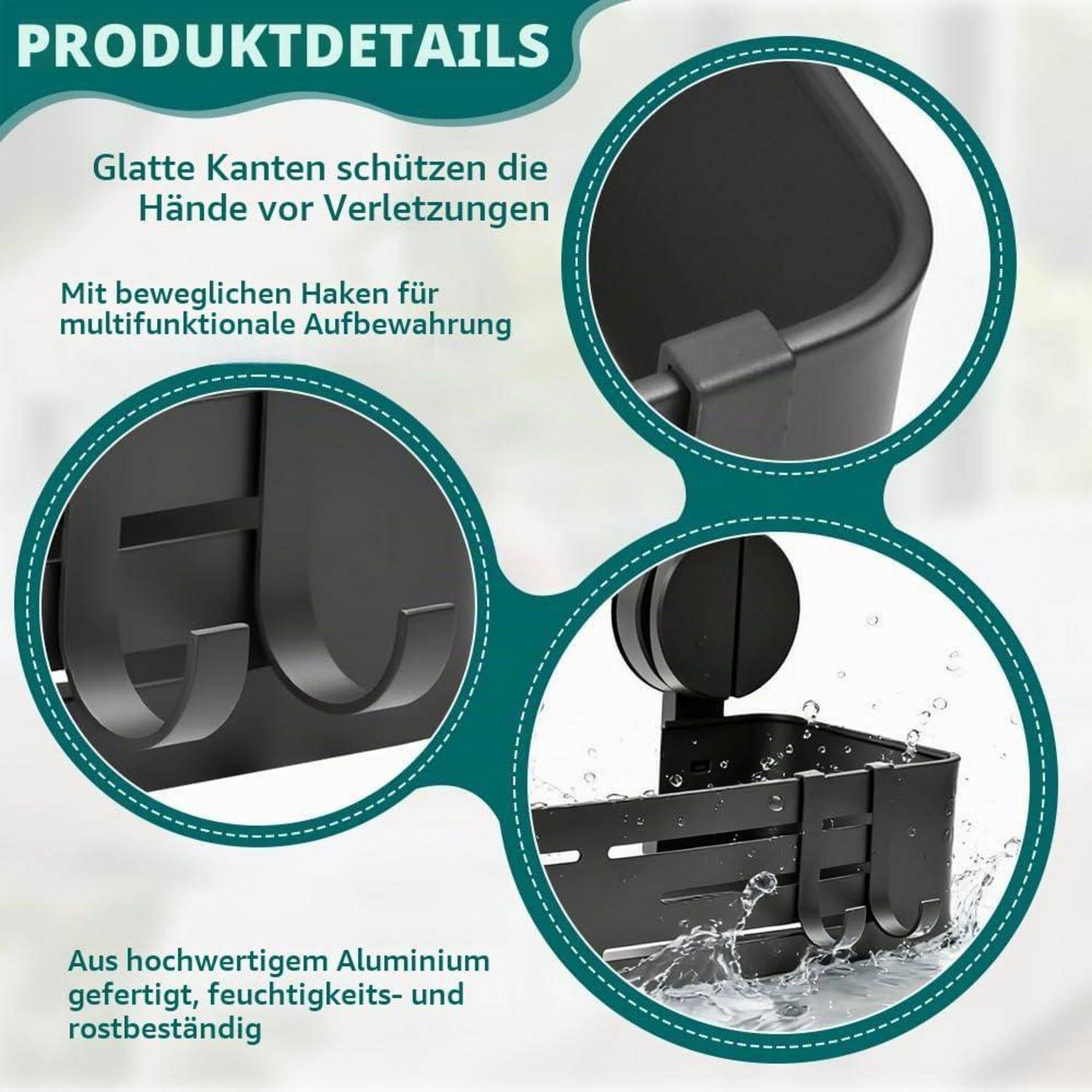 Produktdetails-Infografik, die ein schwarzes Aluminiumregal mit glatten Kanten, beweglichen Haken und wasserfester, rostbeständiger Konstruktion zeigt.