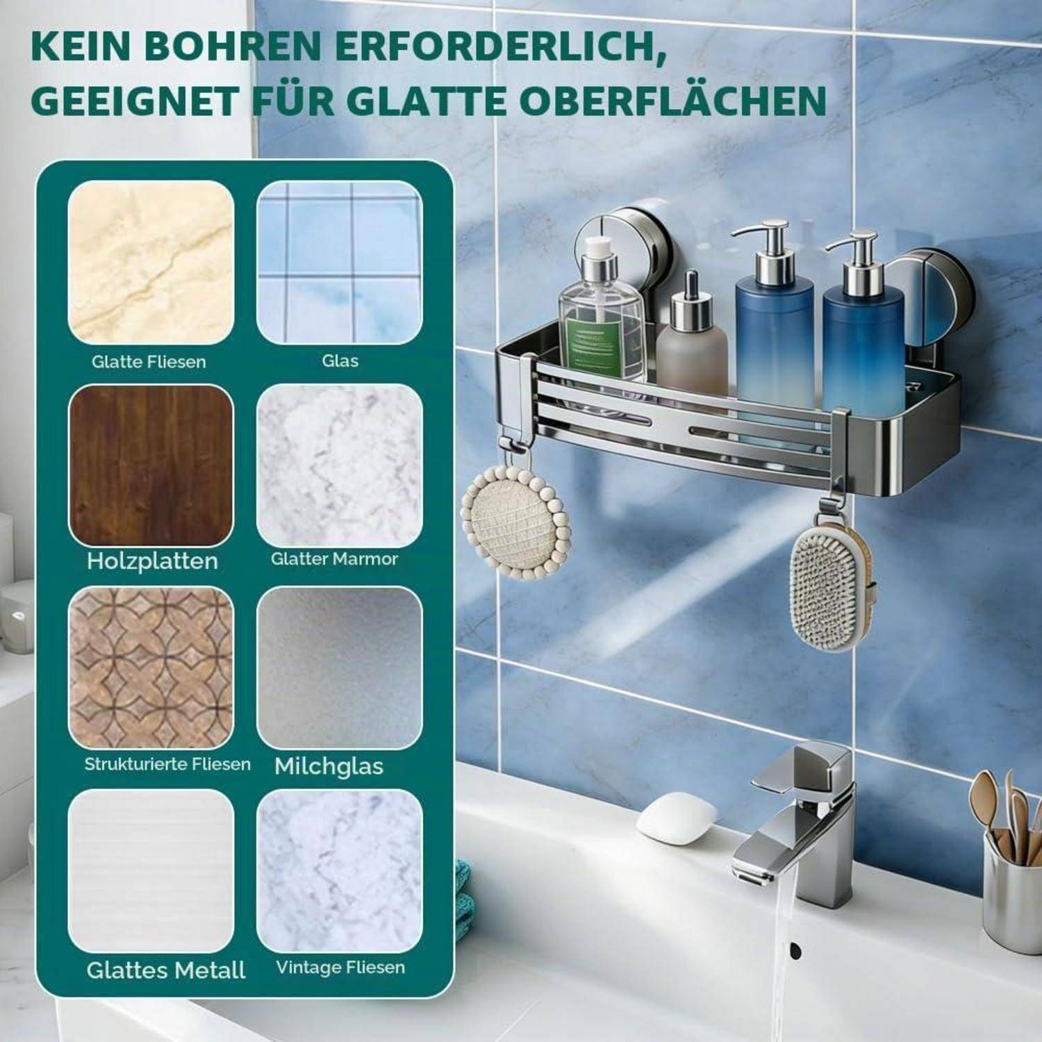 Badezimmer-Saugnäpfel-Regal und Haken an gekachelter Wand montiert, mit deutschem Text der besagt, dass keine Bohrungen erforderlich sind und für glatte Oberflächen geeignet.