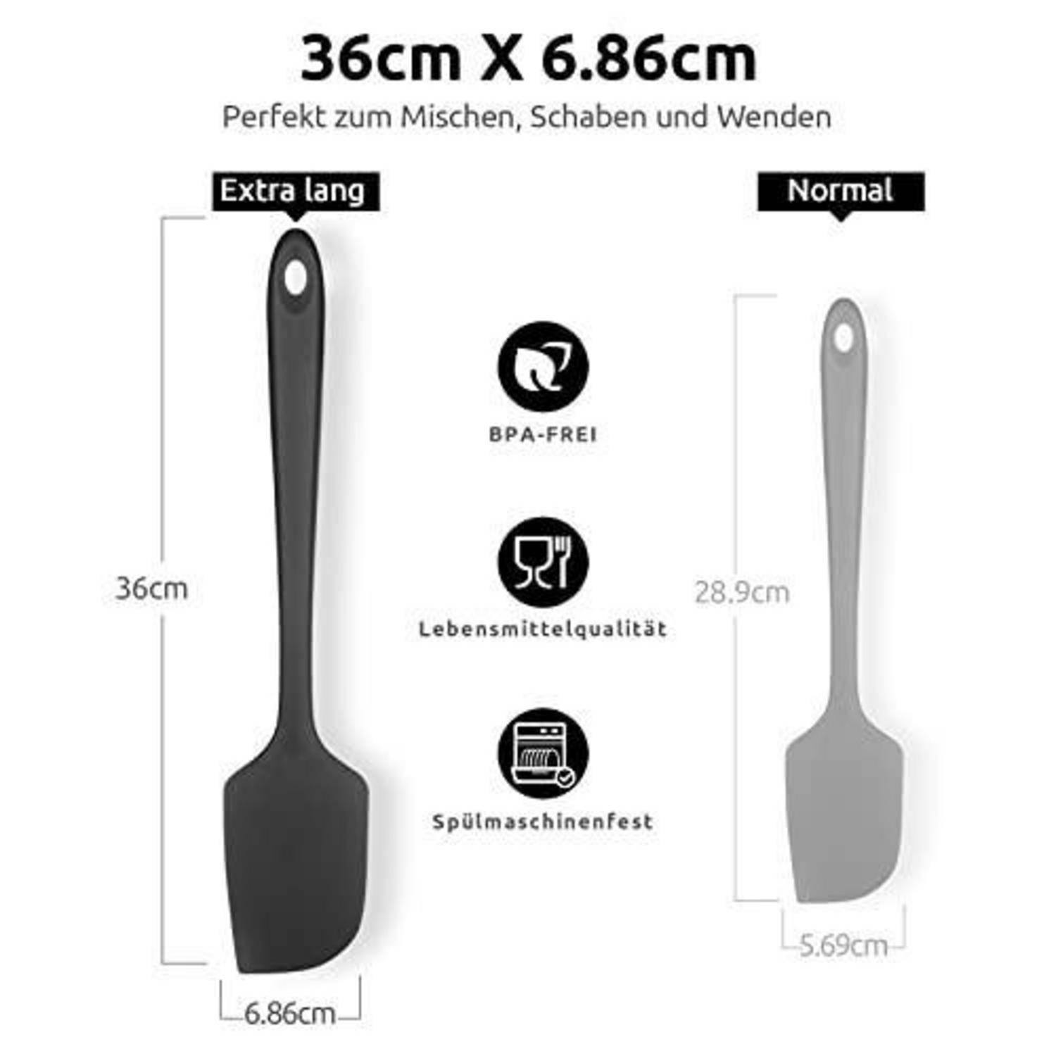 Vergleichsgrafik eines Spatels: Extra-lange schwarze Version 36 cm x 6,86 cm versus normale graue Version 28,9 cm x 5,69 cm, mit BPA-frei, lebensmittelecht und spülmaschinenfest Icons.