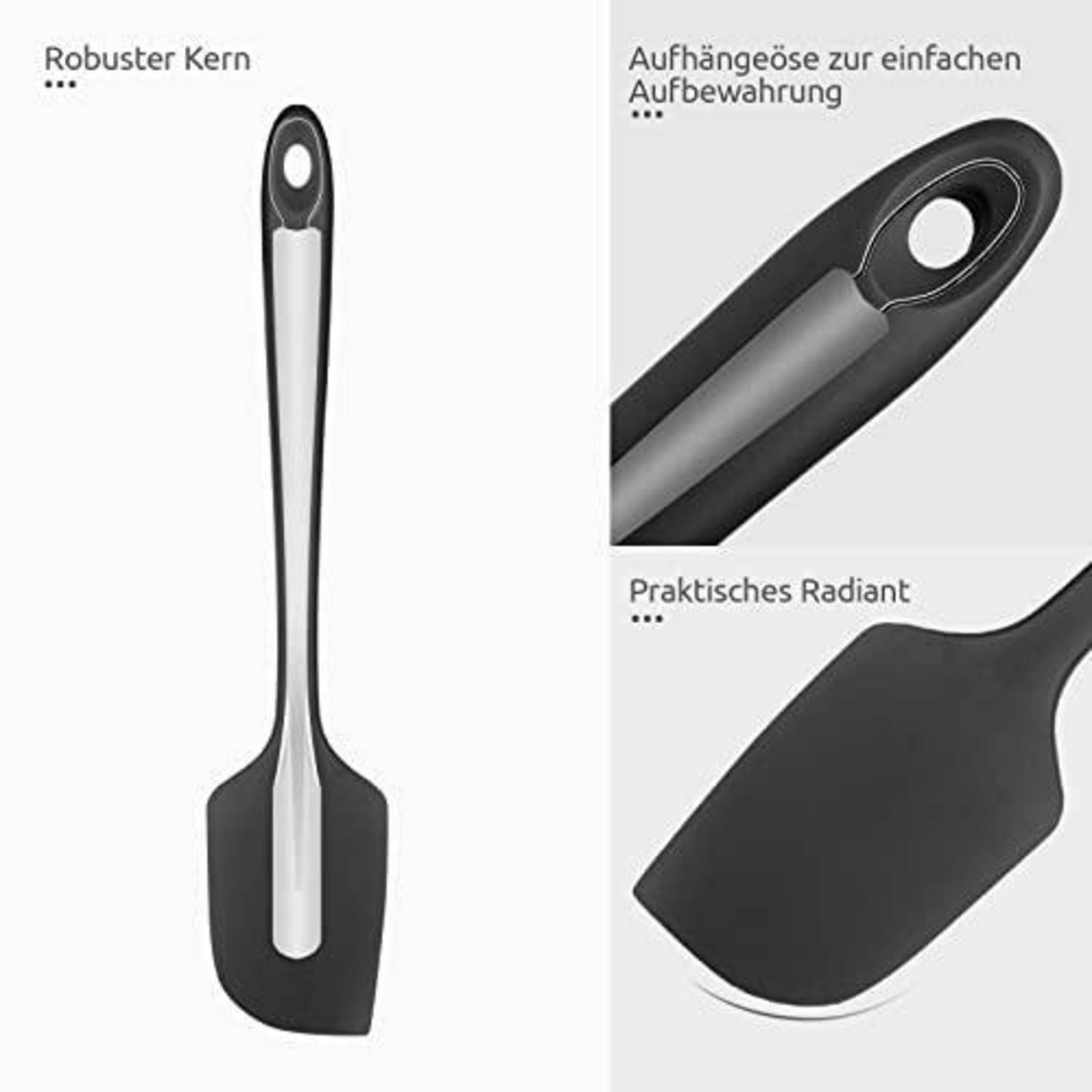 Drei Ansichten eines schwarz-silbernen Küchenspachtels, die einen stabilen Kern, ein Aufhängeloch zur Aufbewahrung und eine flexible, praktische Klinge zeigen.