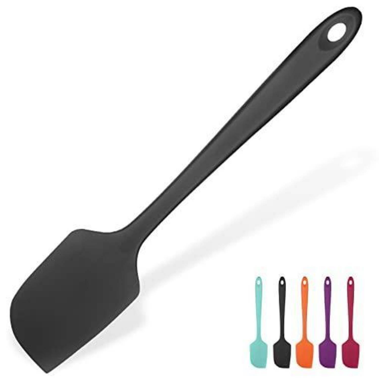 Schwarze Silikonspachtel mit Aufhängeloch, dargestellt mit Farbvariationen in Petrol, Schwarz, Orange, Lila und Rosa.