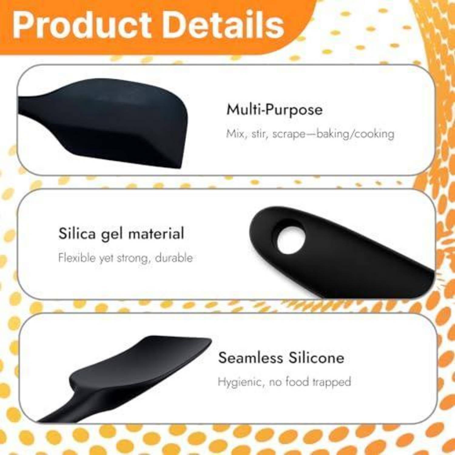 Produktdetails-Grafik für einen schwarzen Silikon-Küchenspatel mit Hervorhebung der Mehrzweckverwendung, des flexiblen und langlebigen Silikagelstoffs und des nahtlosen hygienischen Designs.