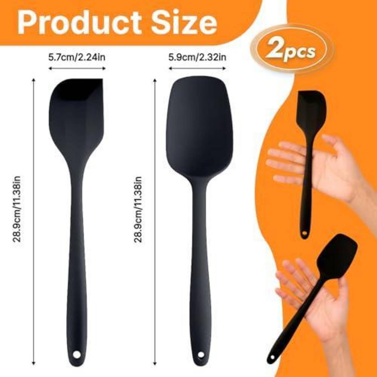 Größentabelle für Produkte, die zwei schwarze Silikonspatel zeigt, jeder 28,9 cm lang; einer 5,7 cm breit und der andere 5,9 cm breit, gekennzeichnet mit „2 Stück