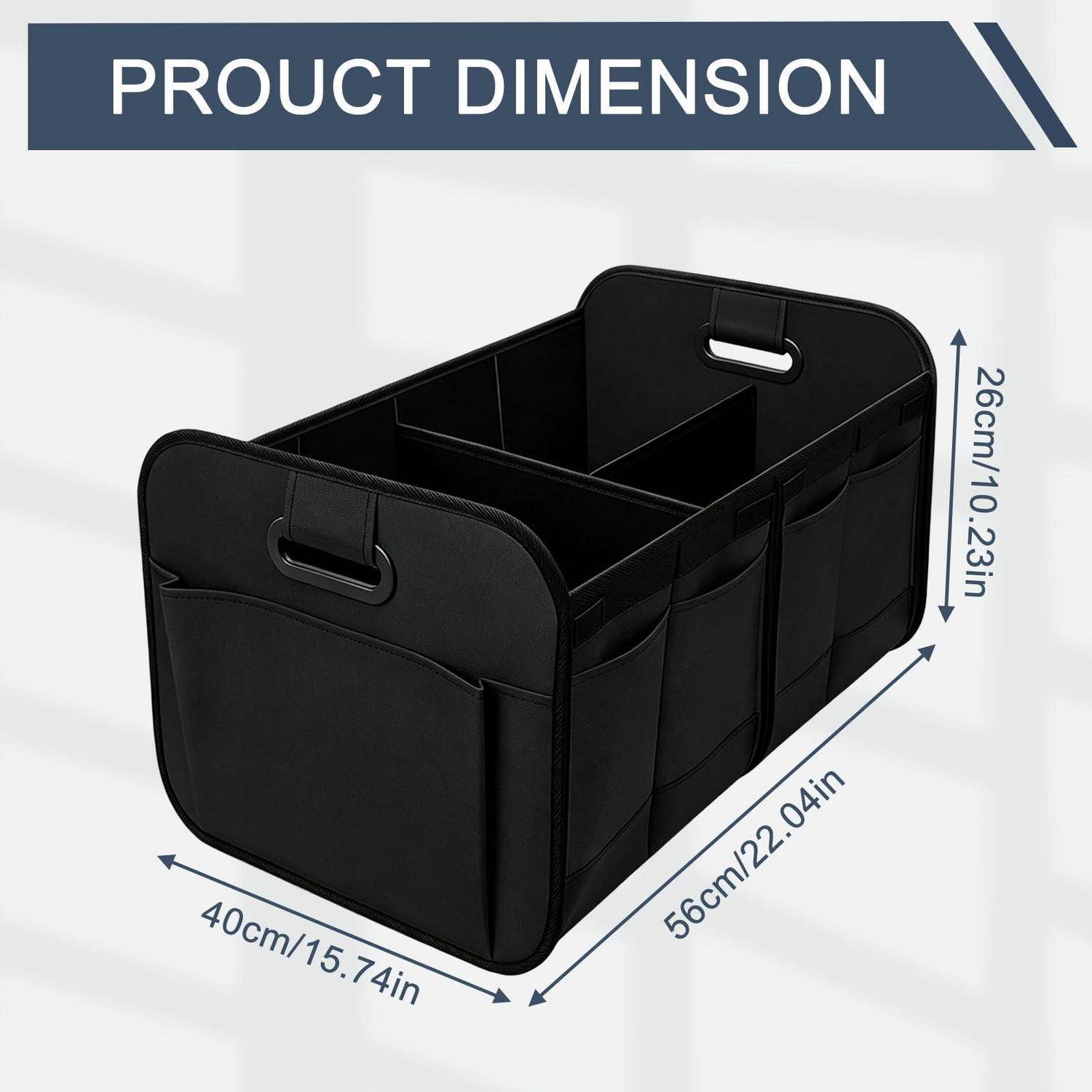 Produktabmessungsdiagramm einer schwarzen Aufbewahrungsorganizer-Box mit 56 cm Länge, 40 cm Breite und 26 cm Höhe.