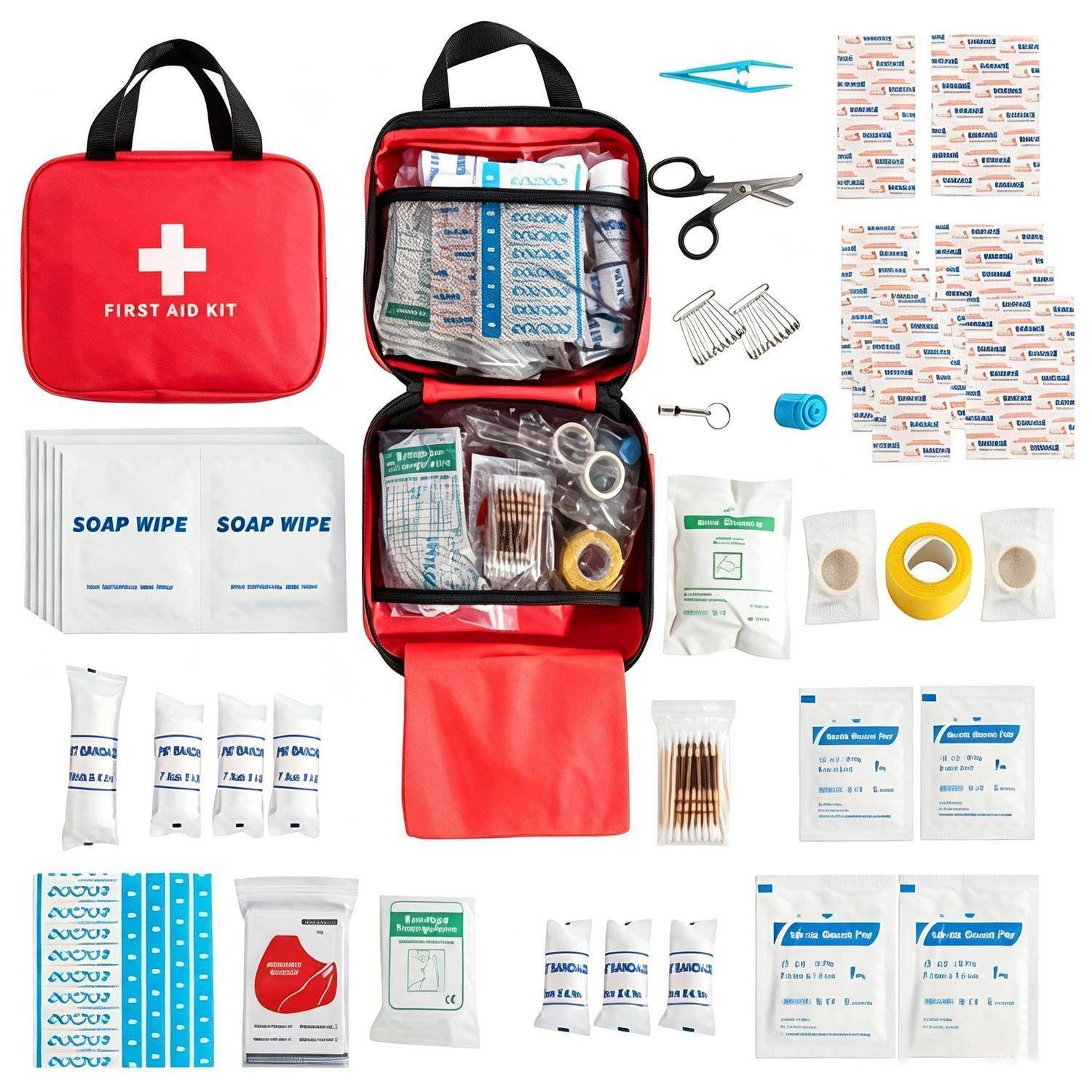 Erste-Hilfe-Set geöffnet mit verschiedenen medizinischen Materialien, einschließlich Verbandsmaterial, Gaze, Tücher, Schere, Klebeband, Handschuhe und Wundverbände, die darum herum angeordnet sind.