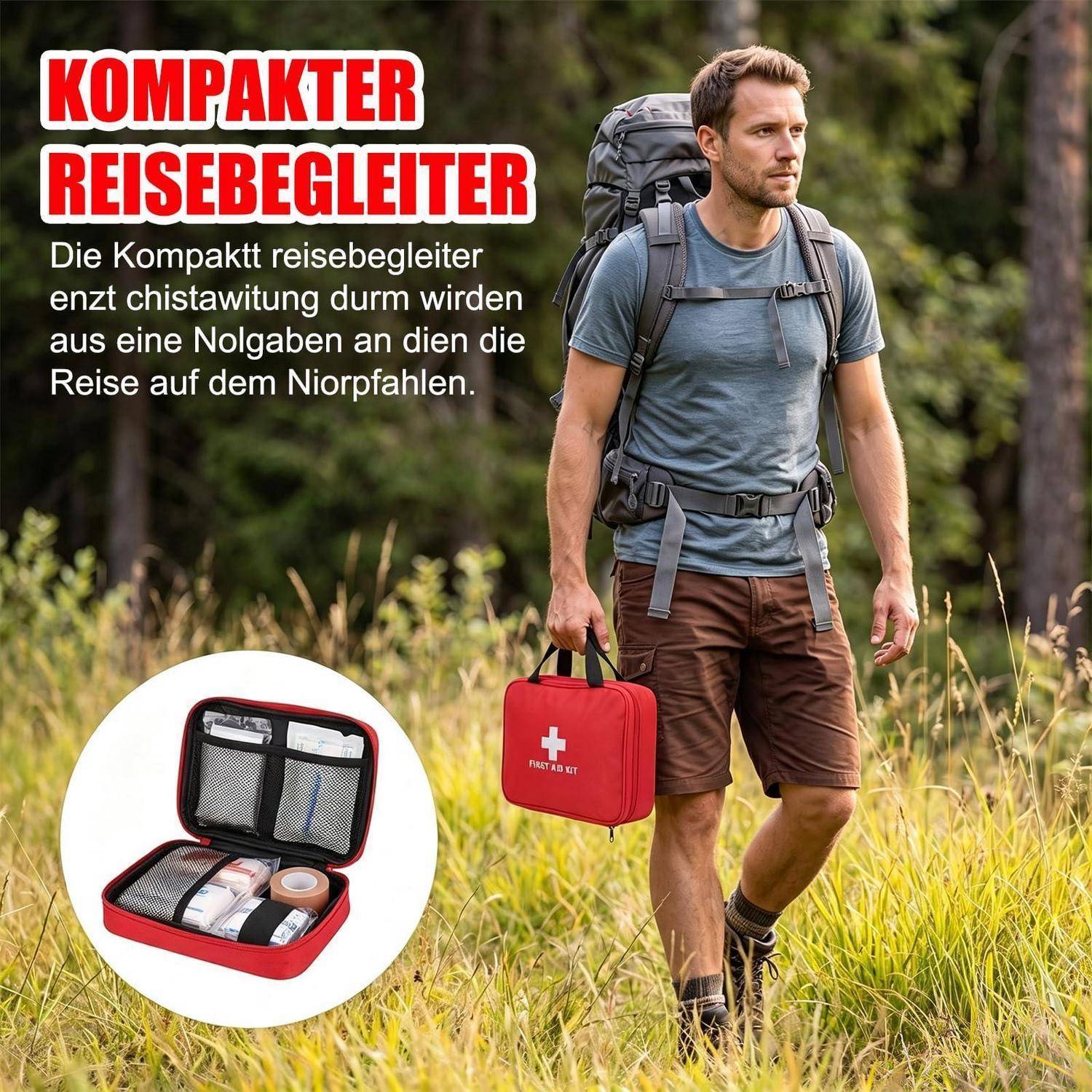 Ein Mann, der mit einem Rucksack wandert, trägt einen roten Erste-Hilfe-Kasten; eine Vergrößerung zeigt den geöffneten Kasten mit organisierten medizinischen Versorgungsmaterialien.