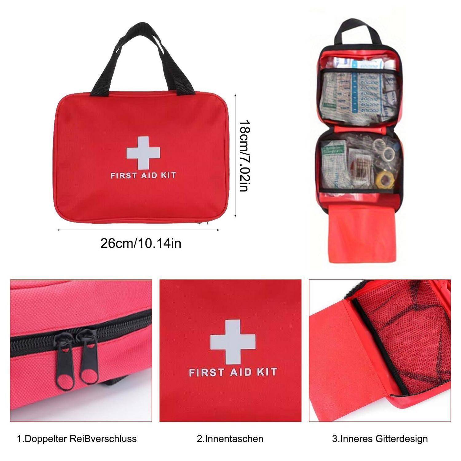Rote Erste-Hilfe-Tasche mit weißem Kreuz, geschlossen und offen dargestellt mit inneren Netztaschen und Reißverschlussfächern; Abmessungen 26 x 18 cm.