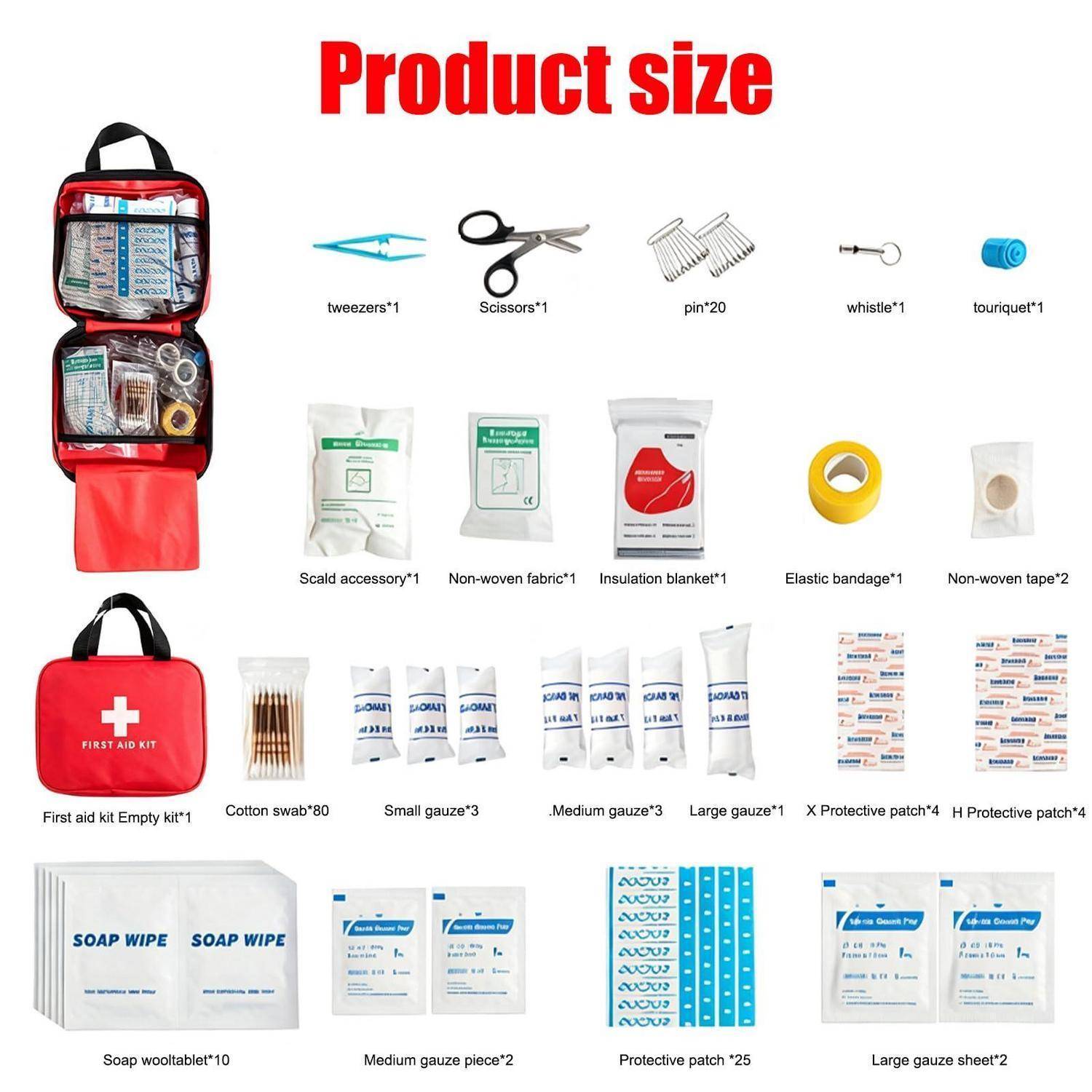 Größentabelle für Erste-Hilfe-Kasten mit roter Tasche und enthaltenen Artikeln wie Pinzette, Schere, Sicherheitsnadeln, Pfeife, Blutsperre, Verbandsmaterial, Gaze, Tücher und Wattestäbchen.
