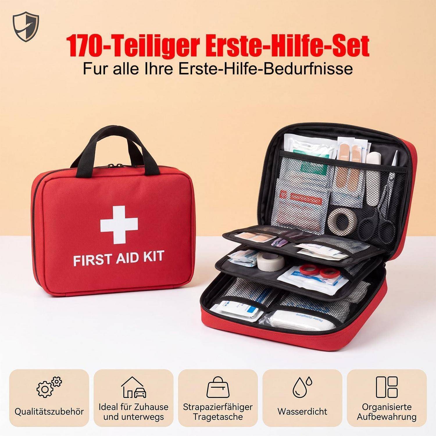 Rote Erste-Hilfe-Kasten mit geschlossener Tasche und offener Organizer-Box zeigt medizinische Vorräte; deutscher Text sagt „170-teiliges Erste-Hilfe-Set" und hebt wasserdichte, organisierte Lagerung hervor.