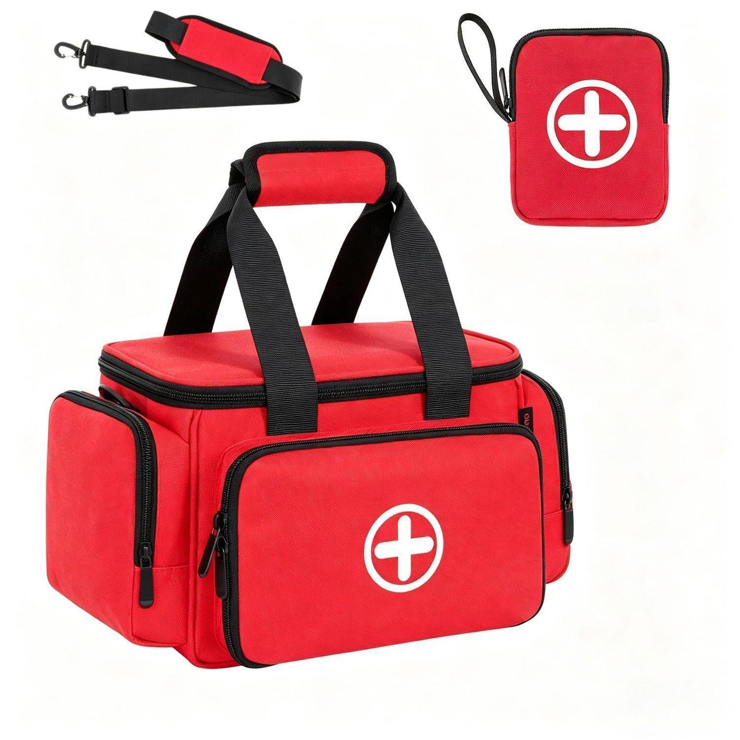 Rote medizinische Erste-Hilfe-Tasche mit weißem Kreuz, schwarzen Griffen und Riemen, gezeigt mit abnehmbarem Schultergurt und kleinem passendem Beutel.