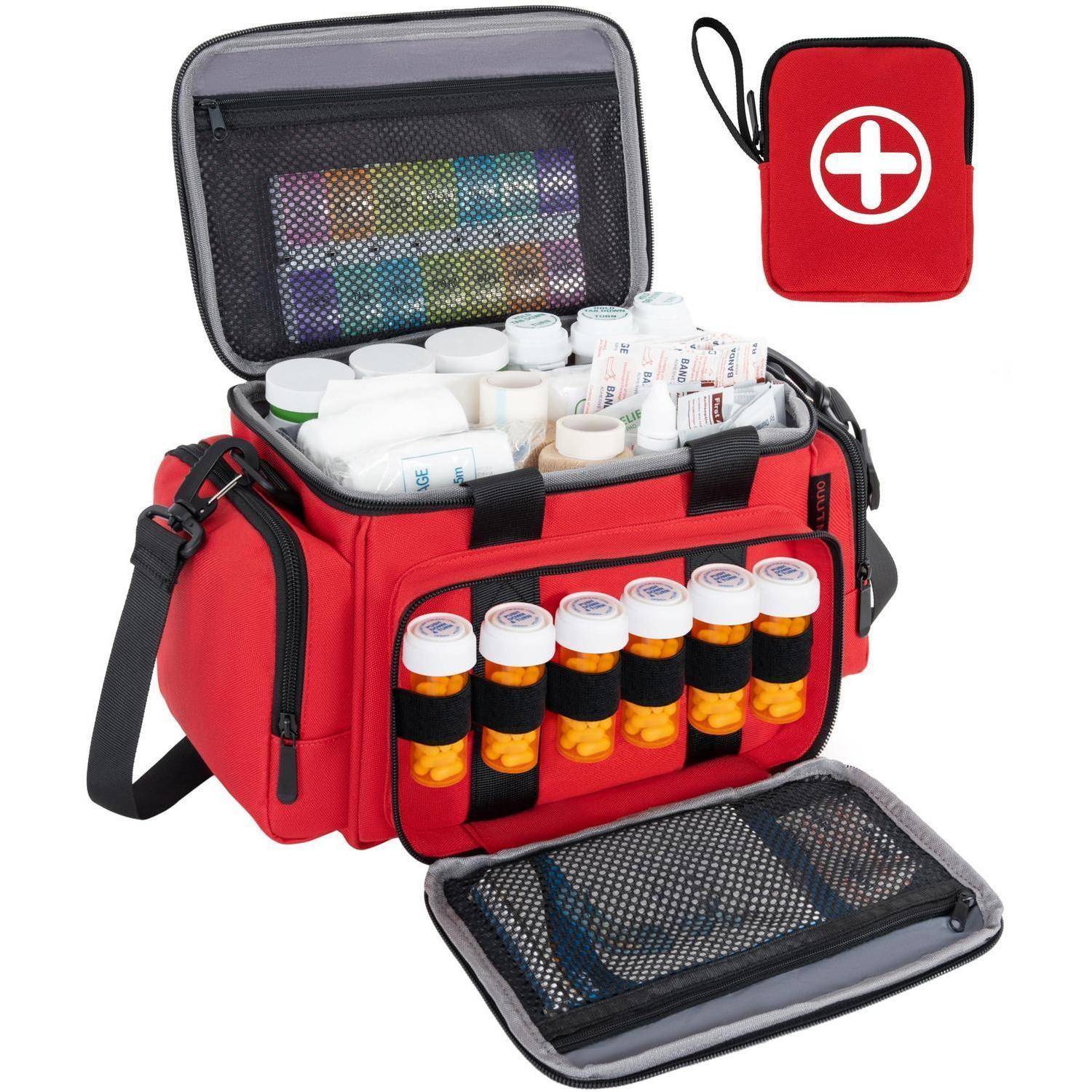 Rote medizinische Erste-Hilfe-Tasche mit Schultergurt, geöffnet, um organisierte Vorräte und gekennzeichnete Pillendosen zu zeigen; passende Mini-Tasche mit weißem Kreuz.