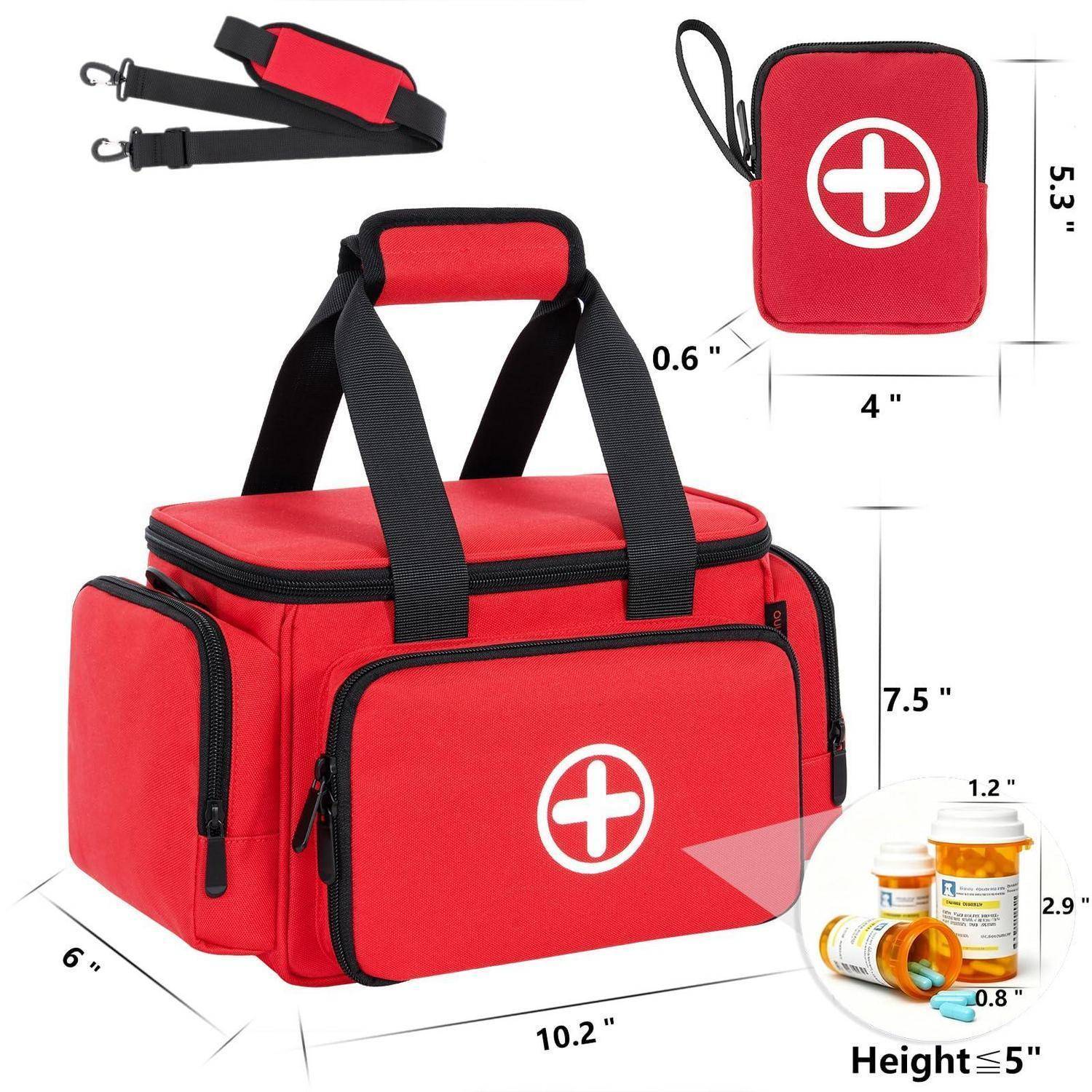 Rote Erste-Hilfe-Tasche mit schwarzen Griffen und Riemen, weißem Kreuzzeichen und Maßangaben, die Größe und enthaltene Medikamentenflaschen zeigen.