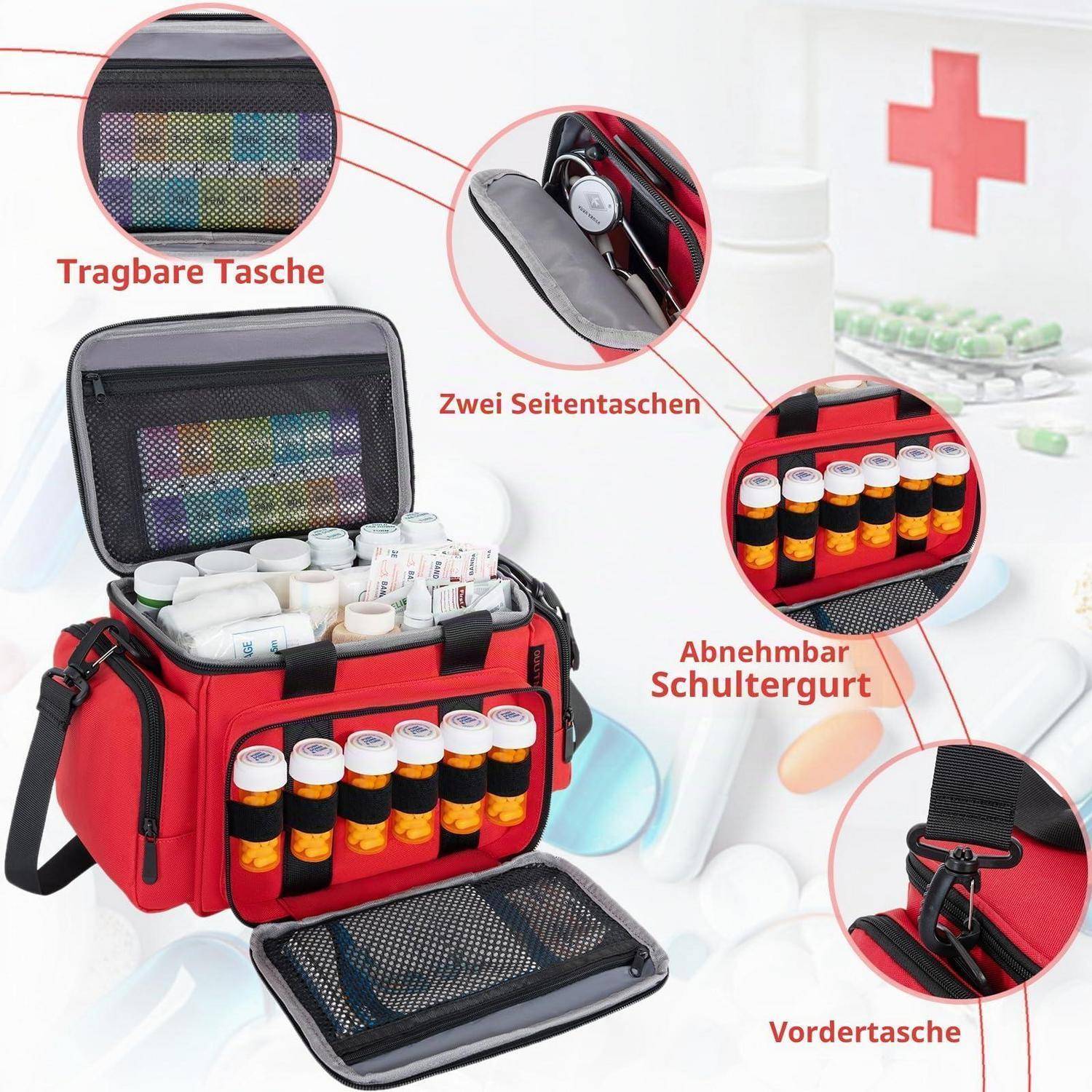 Rote medizinische Organizer-Tasche mit abnehmbarem Schultergurt, Vordertasche, zwei Seitentaschen und offenbarem Hauptfach für Flaschen und Zubehör; auf Deutsch beschriftet.