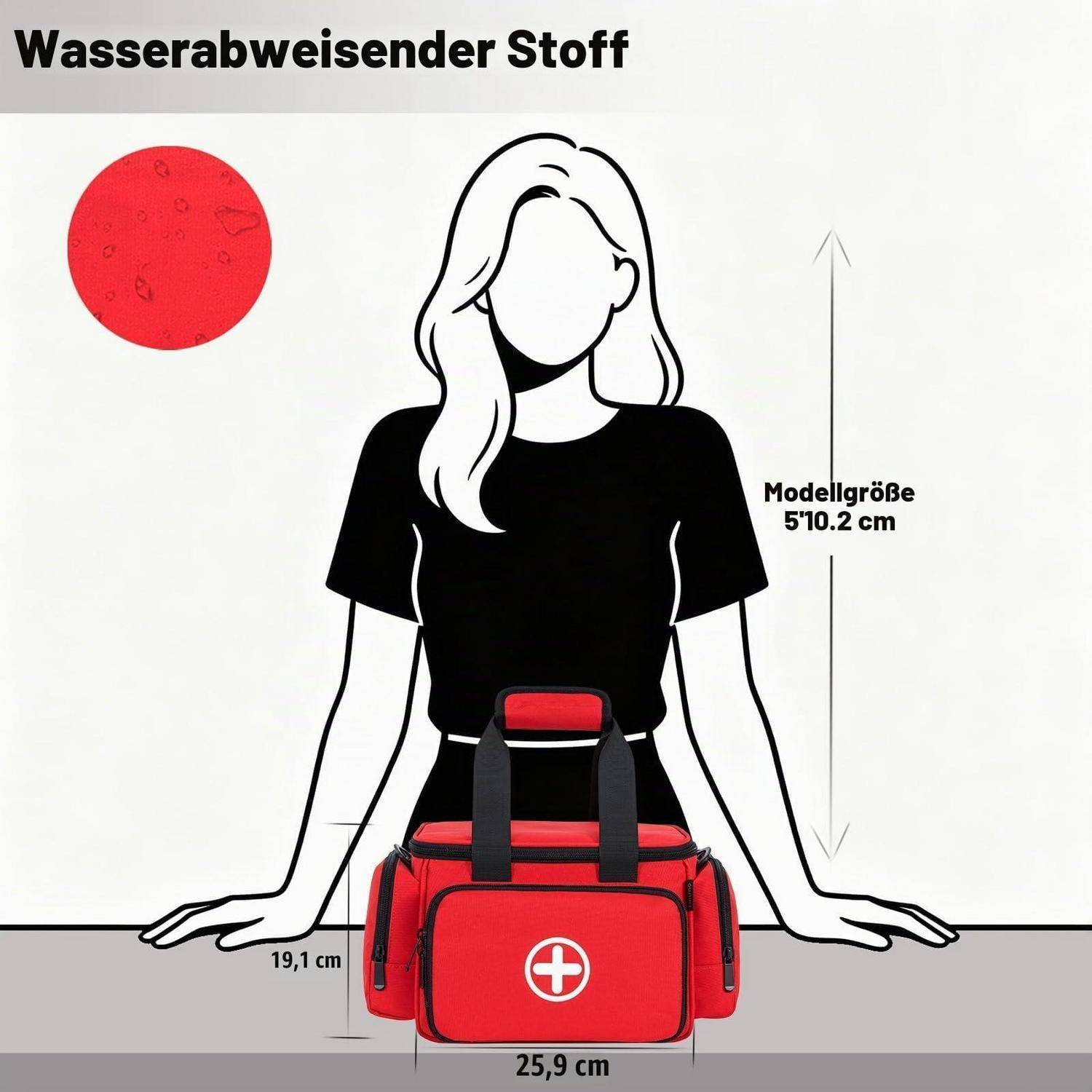 Illustration einer wasserfesten Stofftasche, die auf einem sitzenden Modell gezeigt wird, beschriftet mit „Wasserabweisender Stoff", mit Abmessungen von 25,9 cm Breite, 19,1 cm Höhe, Modellgröße 5'10.2"" cm.