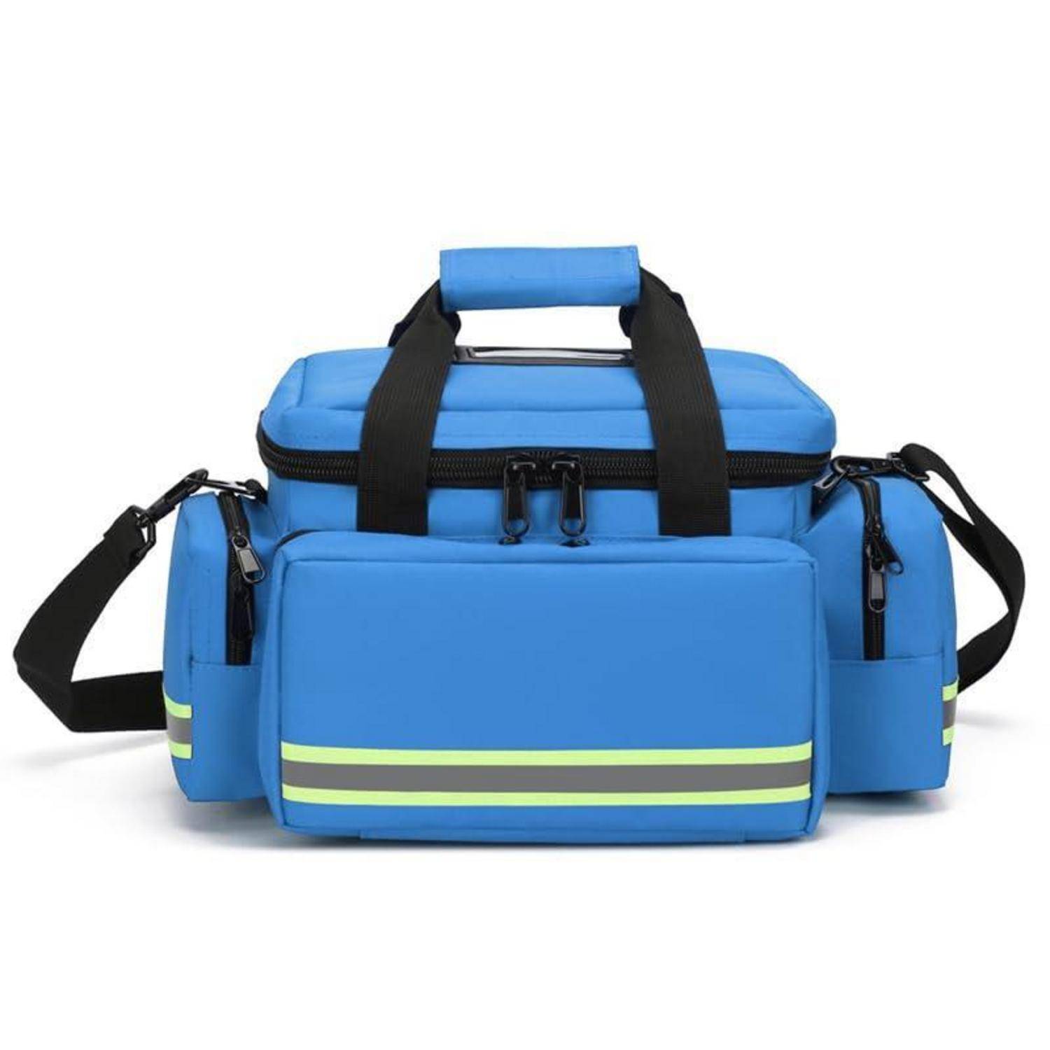 Blauer isolierter Kühlertasche mit schwarzen Griffen, Schultergurt und vorderer Reißverschlusstasche auf weißem Hintergrund.