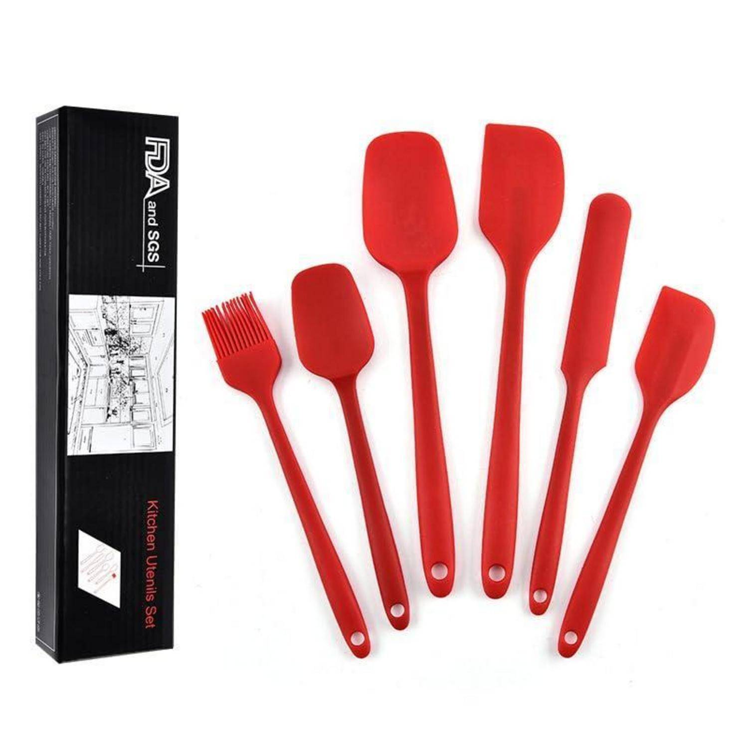 Rotes Silikonküchenbesteck-Set mit sechs Werkzeugen und einer schwarzen Box mit der Aufschrift „Kitchen Utensils Set