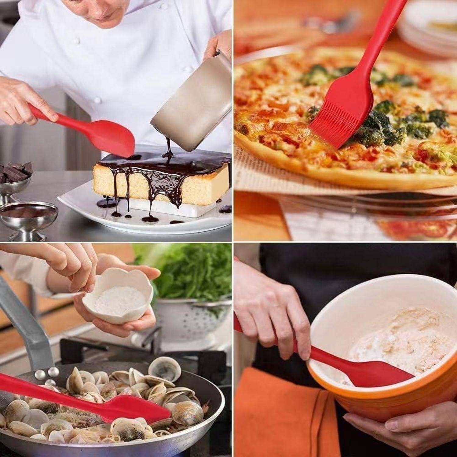 Collage eines roten Silikonspachtels und einer Backpinsel, die zum Verstreichen von Schokolade auf einem Kuchen, zum Bestreichen von Pizza, zum Umrühren von Muscheln und zum Vermischen von Teig in einer Schüssel verwendet werden.