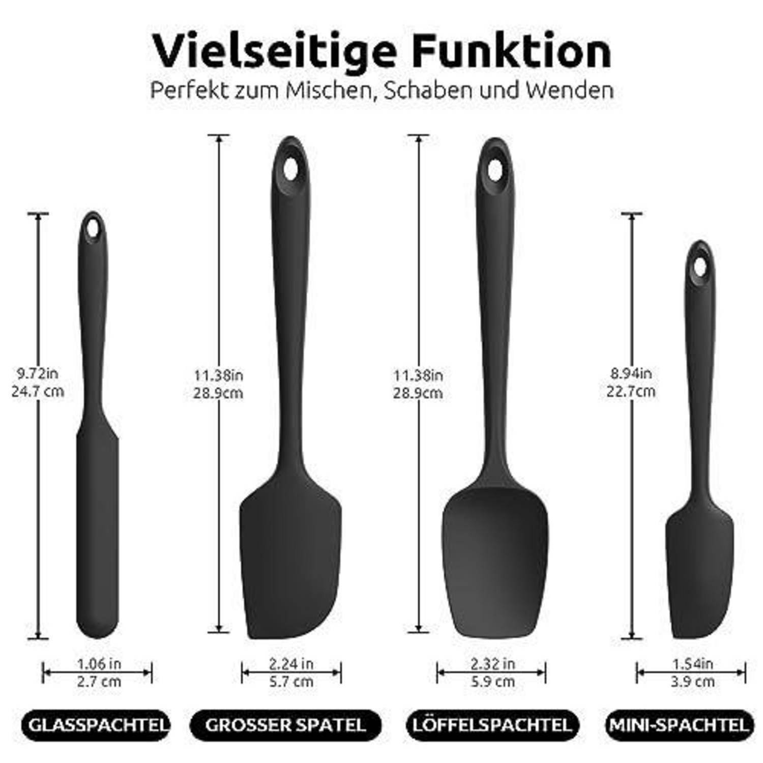 Produktvergleich-Grafik von vier schwarzen Küchenspachteln mit deutschem Titel „Vielseitige Funktion