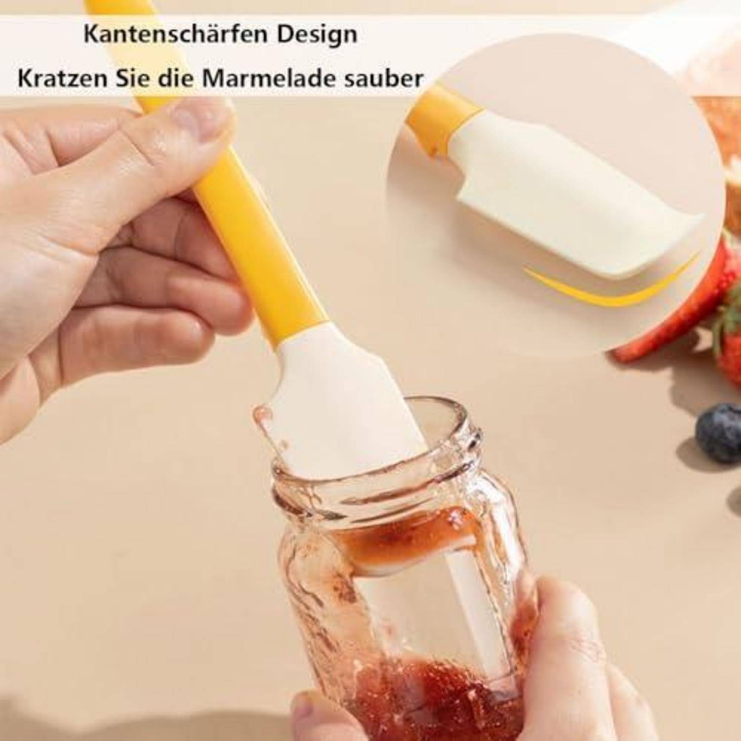 Hand mit einem gelben spatelförmigen Utensil, das Marmelade aus einem Glas kratzt, mit Text 'Kantenschärfen Design' und 'Kratzen Sie die Marmelade sauber'.