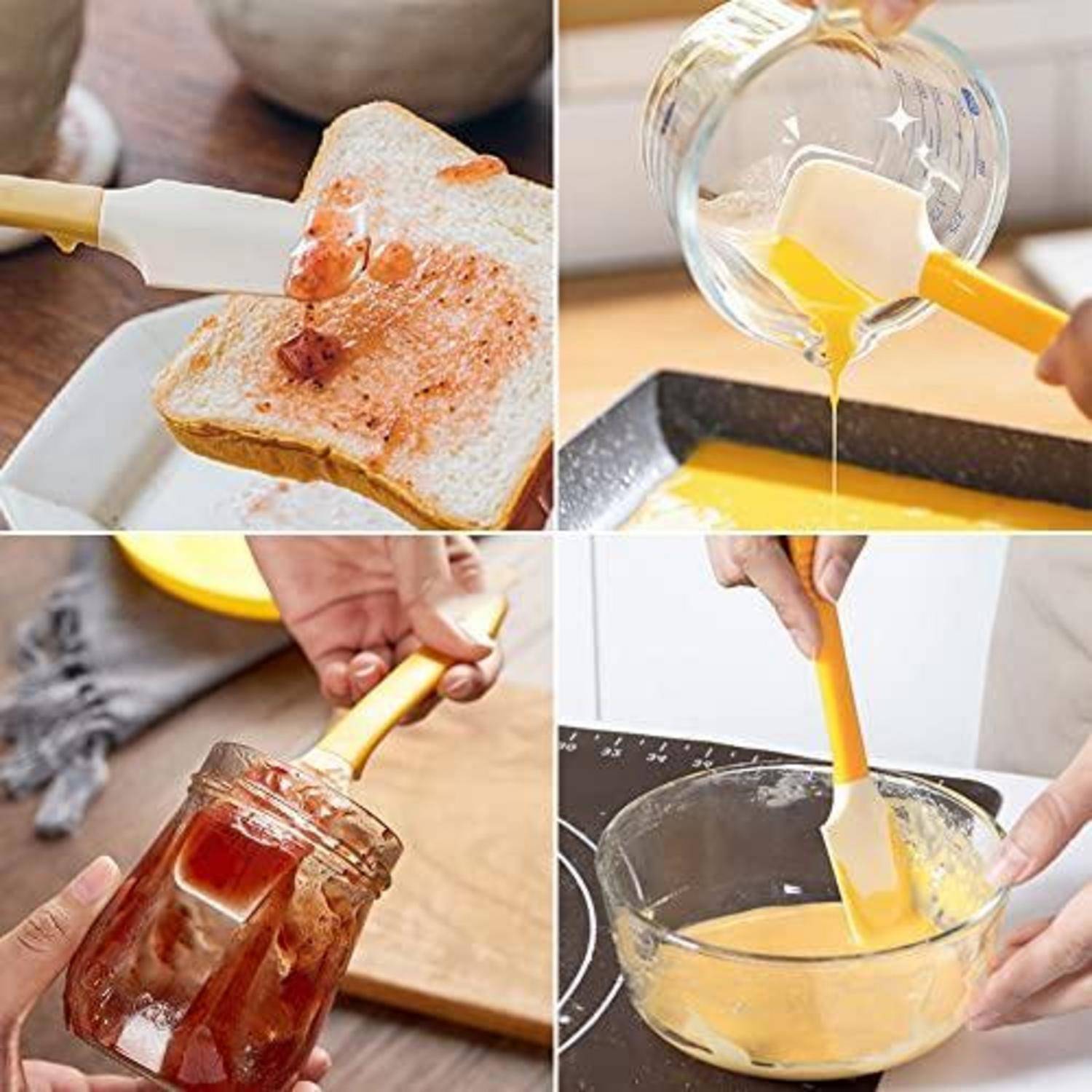Collage, die einen gelben Silikonspatel beim Ausstreichen von Butter, beim Eingießen von Teig, beim Schöpfen von Marmelade und beim Mischen von Eierteig in einer Schüssel zeigt.