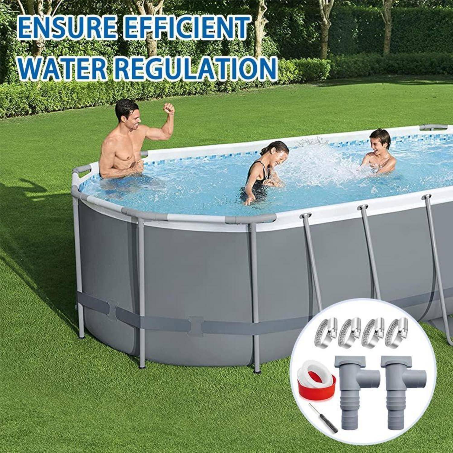 Aufstellpool mit Familie beim Schwimmen und Text „GEWÄHRLEISTEN SIE EINE EFFIZIENTE WASSERKONTROLLE,