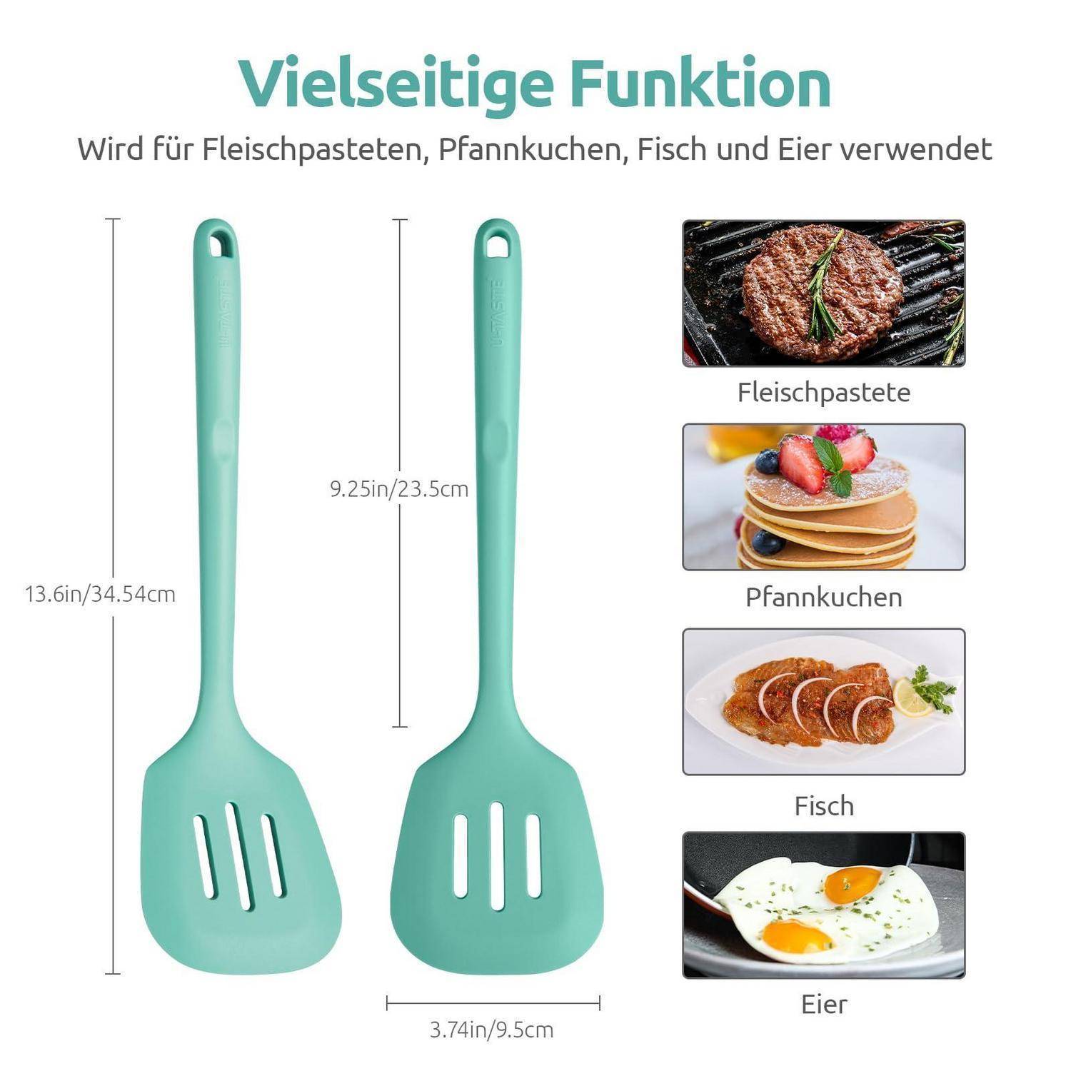 Diagramm einer blaugrünen geschlitzten Wendespatula mit der Bezeichnung „Vielseitige Funktion