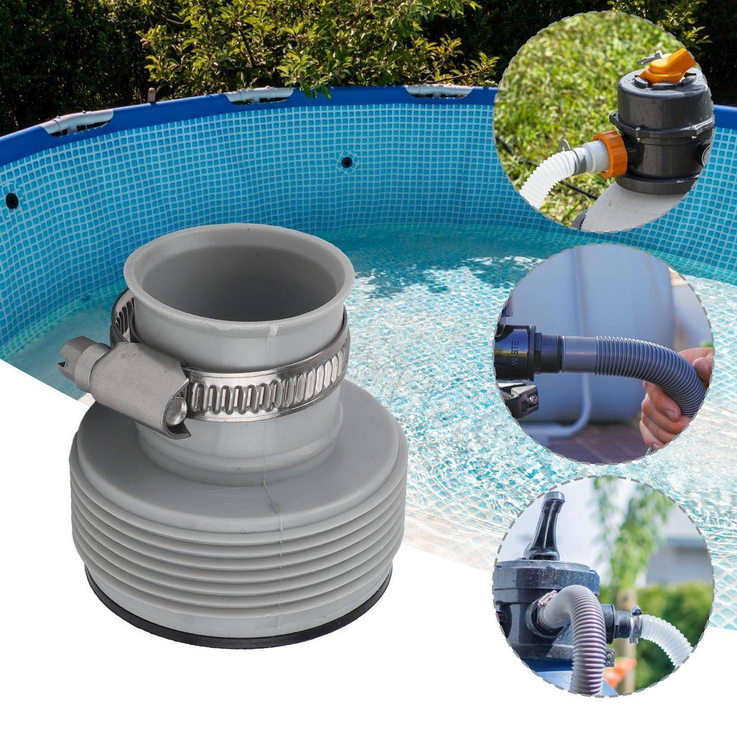 Poolstaubsauger-Adapter zum Anschluss eines Schlauchs an einen Pool-Skimmer oder Filter, gezeigt mit Nahaufnahmen von Installationsbeispielen.