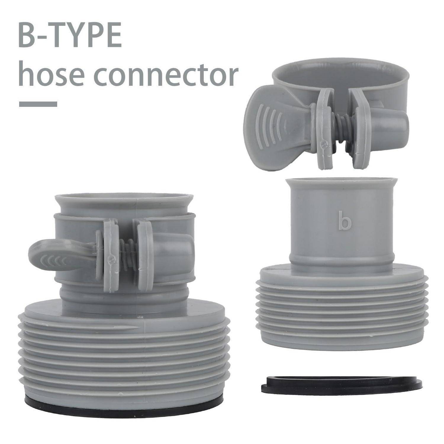 Produktbild eines grauen B-Typ-Schlauchanschlusses, dargestellt in zusammengesetzter und zerlegter Ansicht, mit Gewindelaufnahmen und einem Verriegelungsklemmmechanismus.