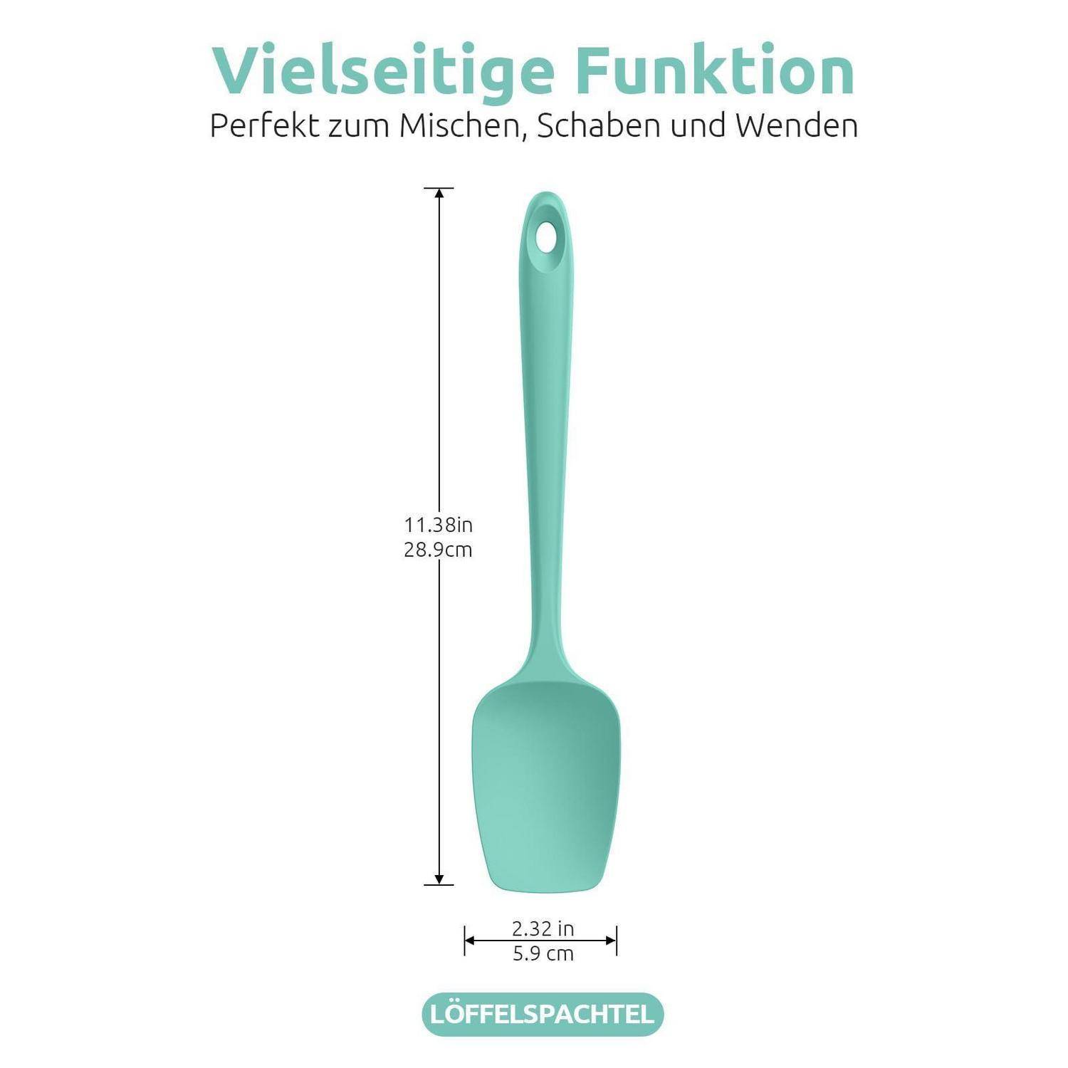 Mintgrüne Silikonspatel mit der Aufschrift „Vielseitige Funktion