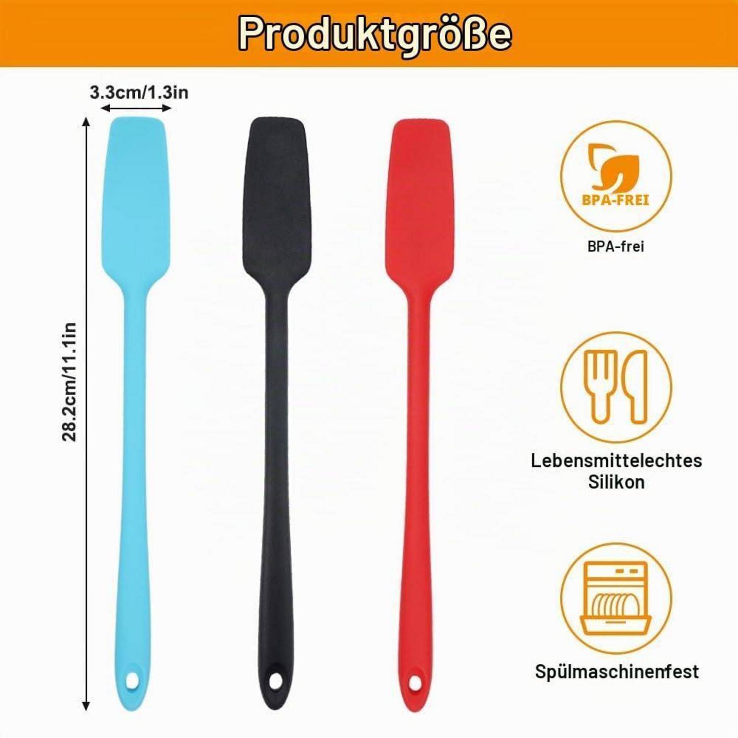 Drei Silikon-Spatel in Blau, Schwarz und Rot mit Größenetiketten, die 28,2 cm Länge und 3,3 cm Breite zeigen; Symbole weisen auf BPA-frei, lebensmittelecht und spülmaschinenfest hin.