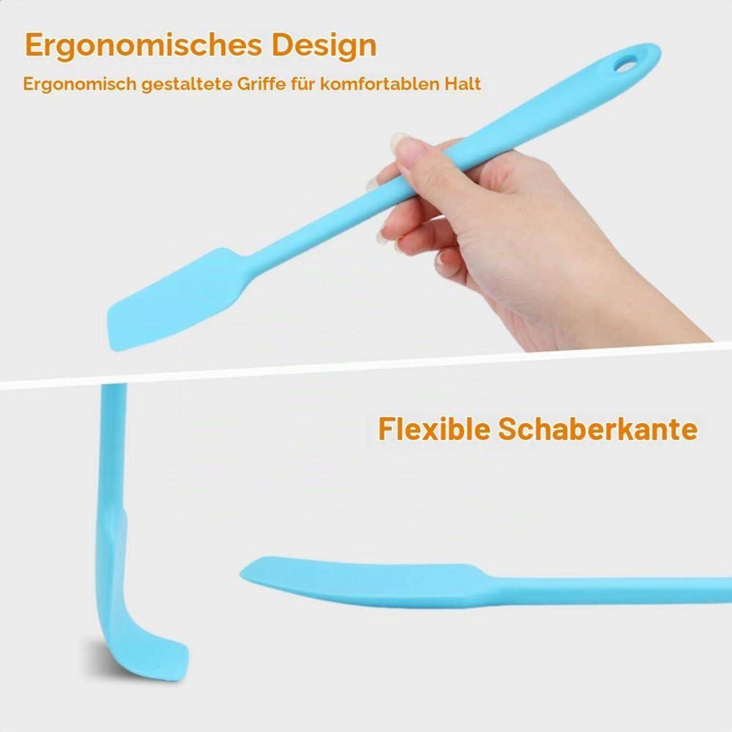Blauer flexibler Schaber mit ergonomischem Griff und flexibler Schaberkante, hervorgehoben durch deutschen Text „Ergonomisches Design