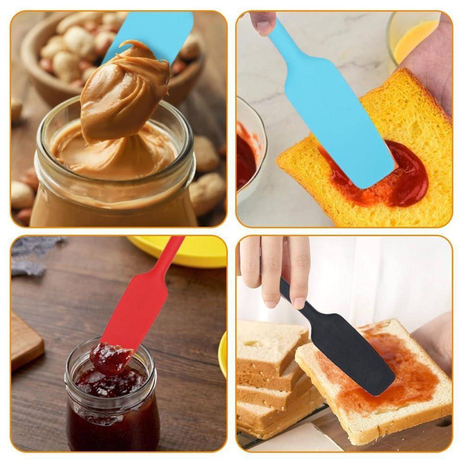 Vier-Panel-Collage zeigt Silikon-Spachtel, die Erdnussbutter, Marmelade und Sauce auf Toast verteilen und in ein Glas füllen.