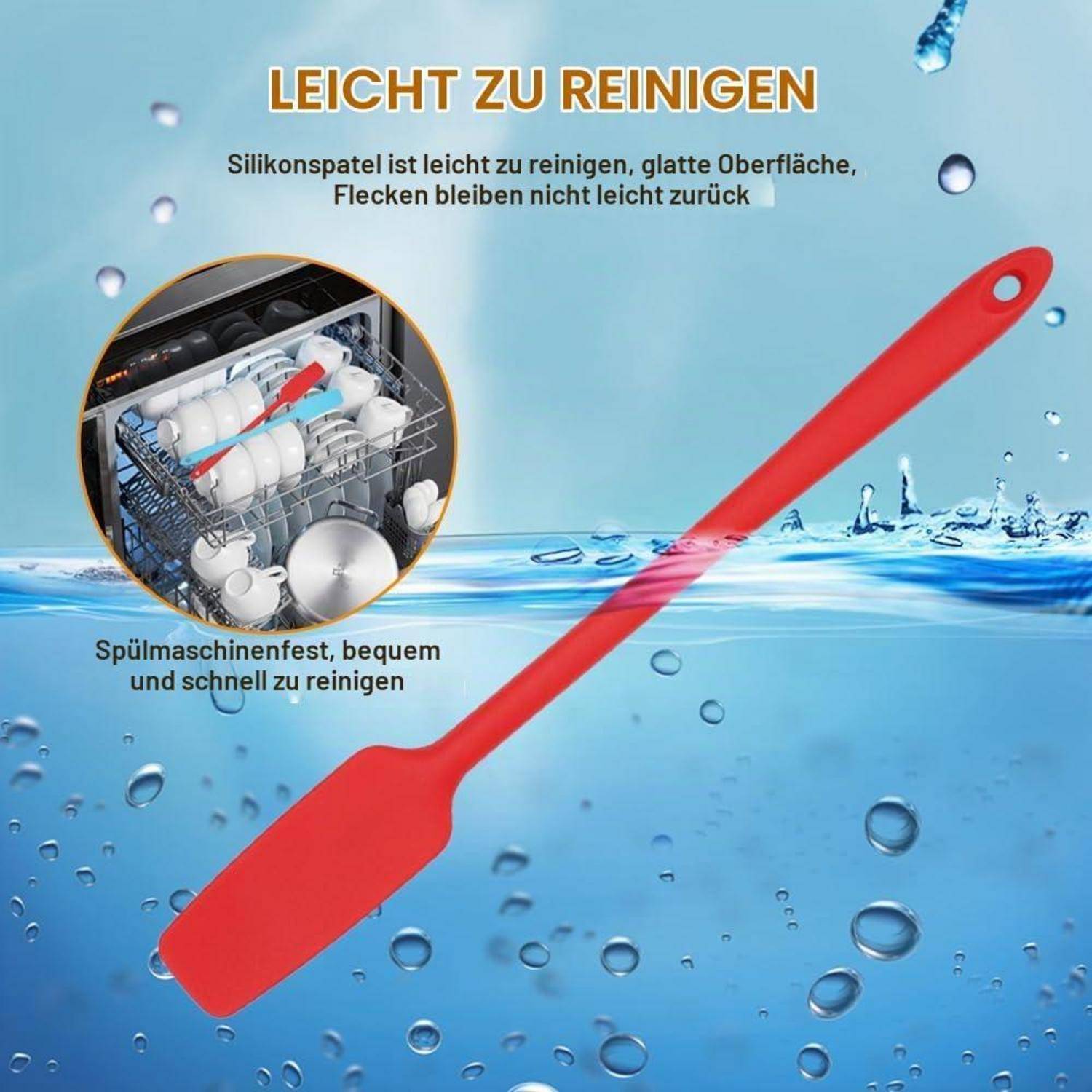 Rote Silikonspachtel, die in Wasser gezeigt wird, mit deutschem Text „LEICHT ZU REINIGEN
