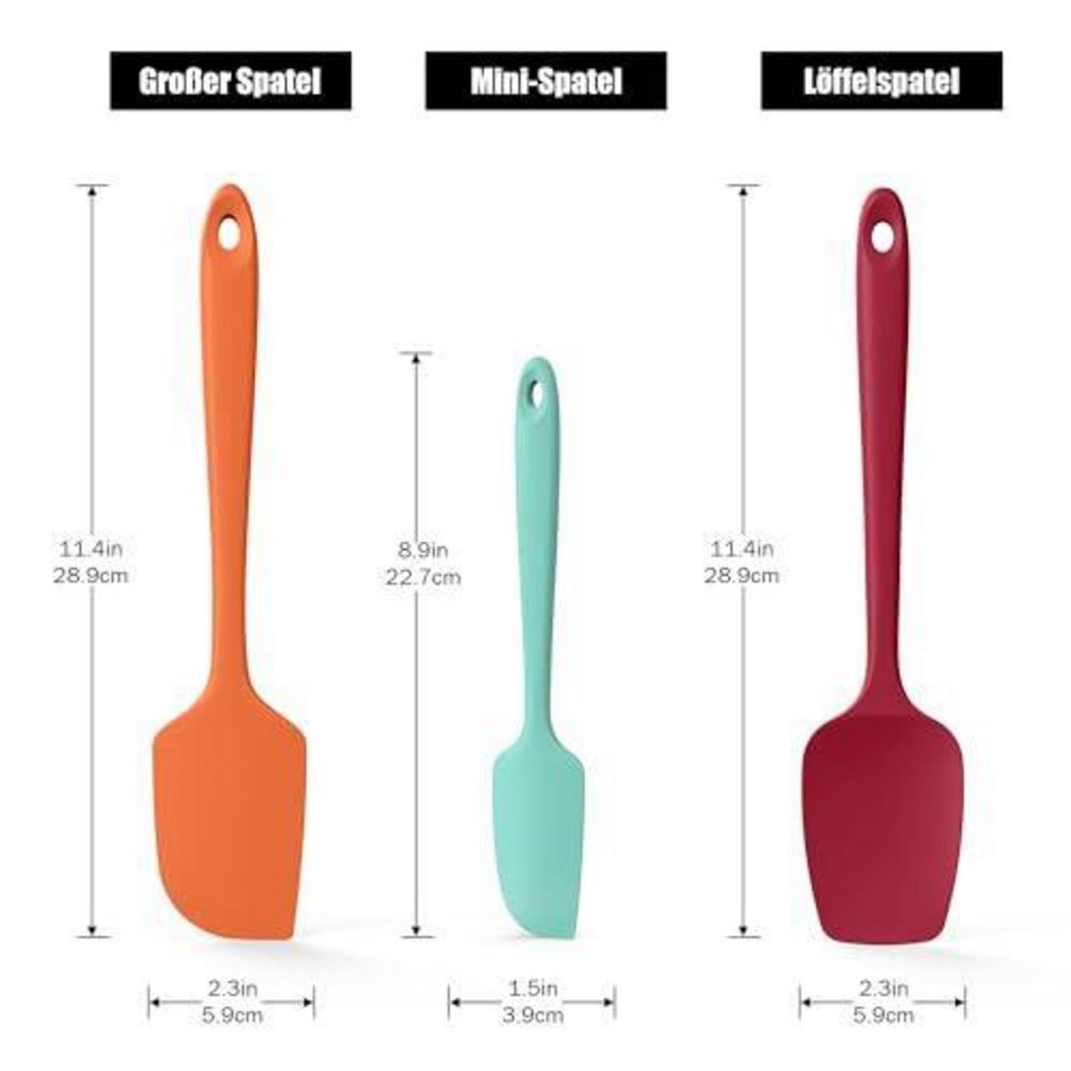 Größenvergleichstabelle von drei Spachtel: ‚Grober Spatel' 11,4 Zoll x 2,3 Zoll, ‚Mini-Spatel' 8,9 Zoll x 1,5 Zoll und ‚Löffelspatel' 11,4 Zoll x 2,3 Zoll.