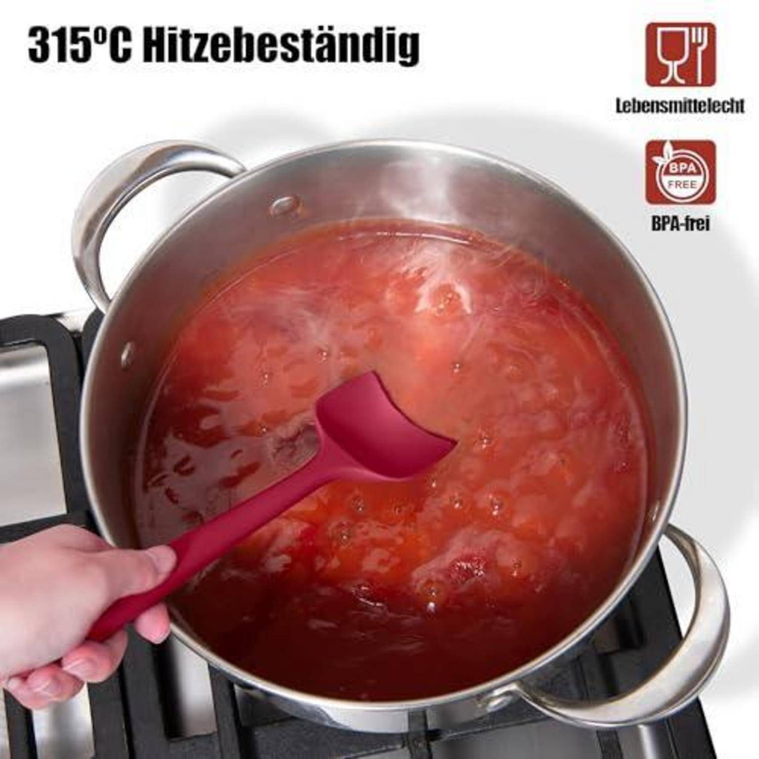 Mit der Hand wird ein Topf mit kochender roter Sauce mit einem rosa Spatel gerührt; der Text besagt '315°C Hitzebeständig', 'Lebensmittelecht' und 'BPA-frei'.