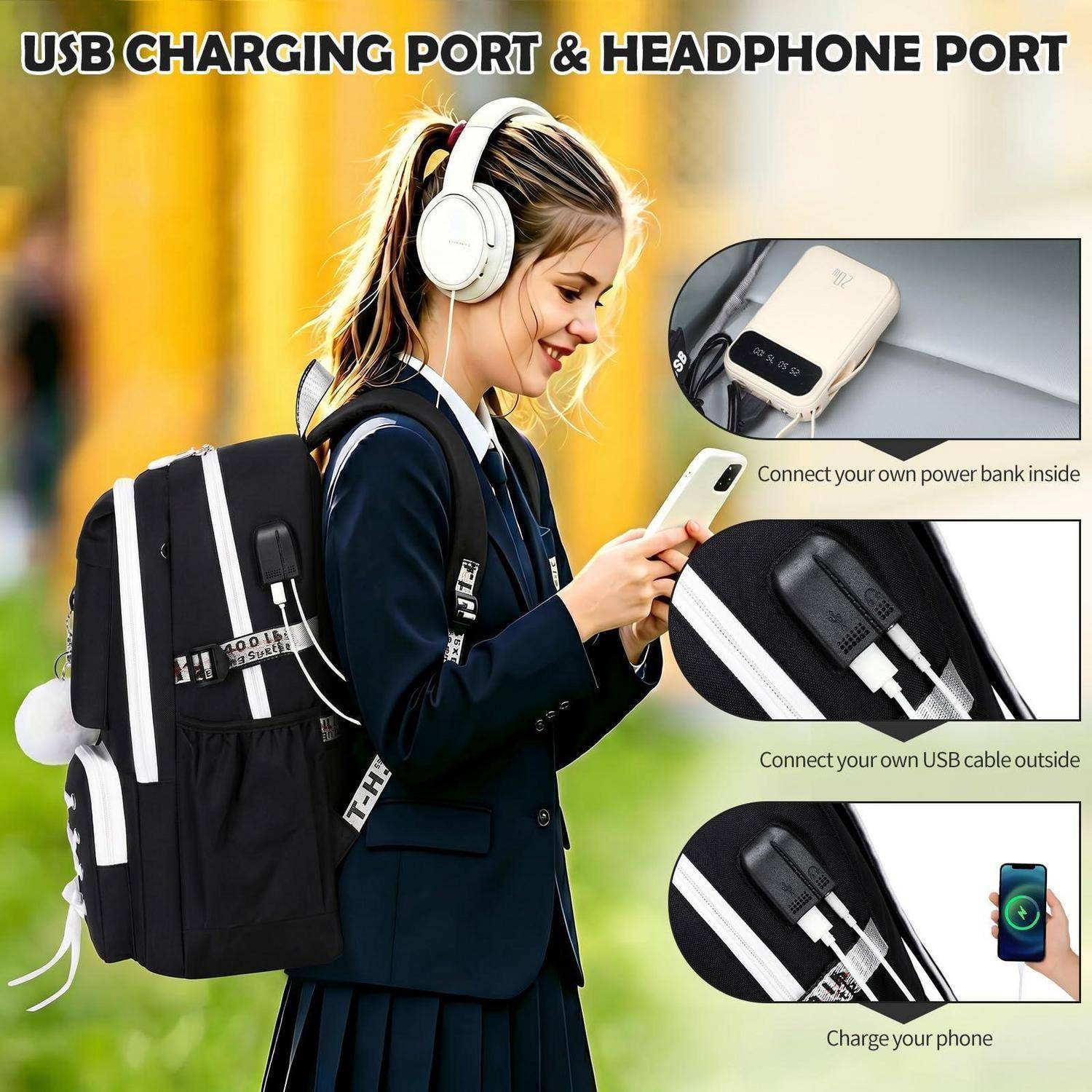 Werbebild eines Schülers mit einem Rucksack mit integriertem USB-Ladeanschluss und Kopfhöreranschluss, das Powerbank- und Smartphone-Ladefunktionen zeigt.