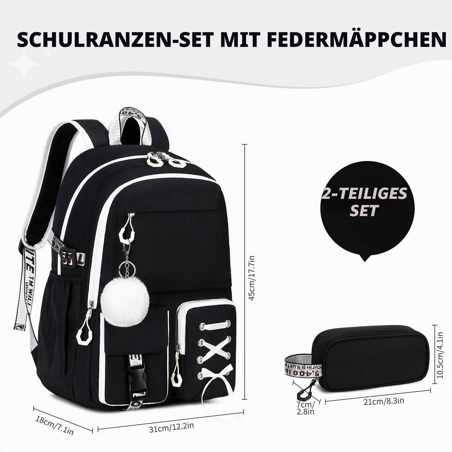 Schwarzes Schulrucksack-Set mit weißem Besatz und Pompon, plus passendes Federmäppchen; gekennzeichnet als 
