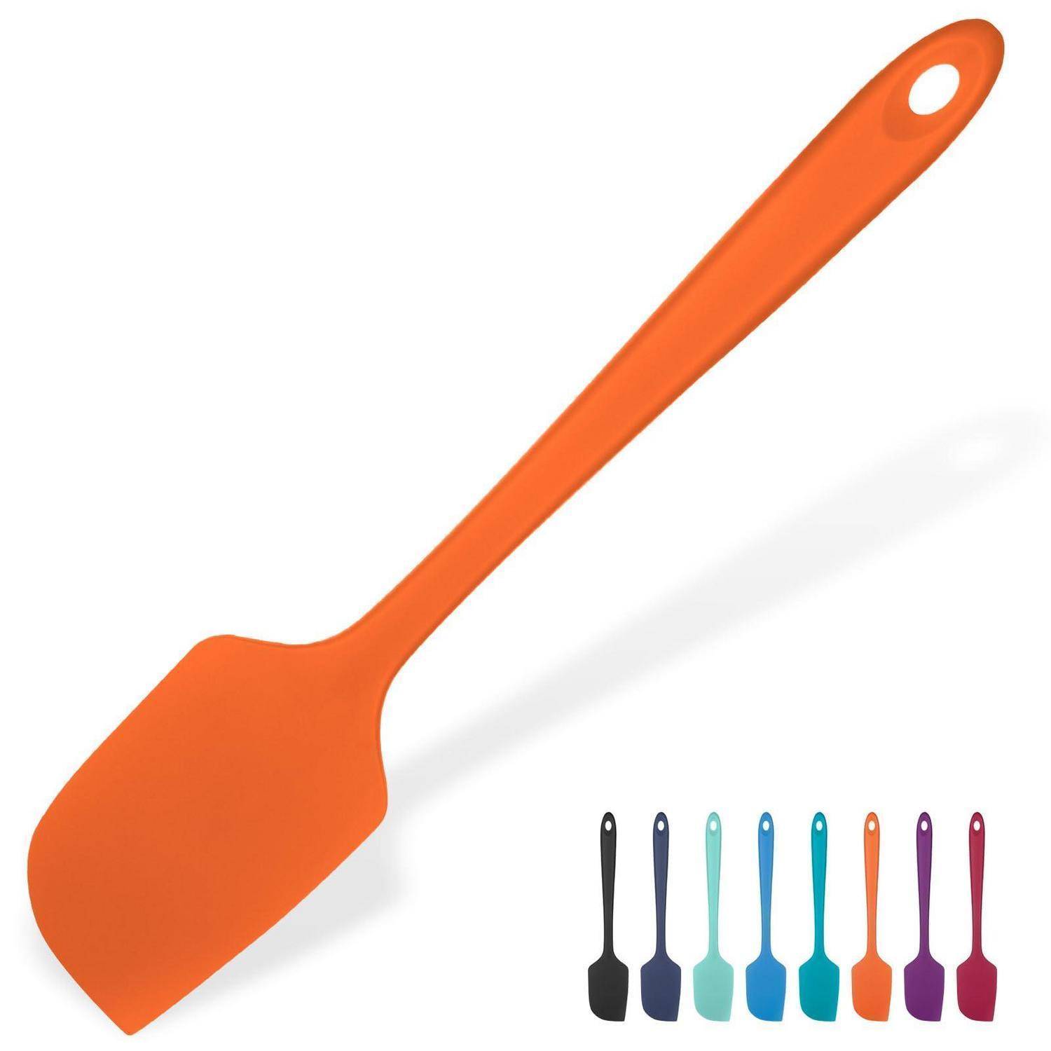 Orangefarbener Silikonspatel mit Aufhängeloch, oben groß dargestellt über einer Reihe kleiner Spatel in mehreren Farben.