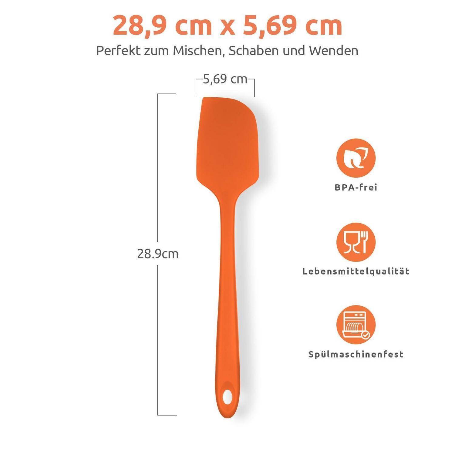 Oranger Spatel mit Abmessungen von 28,9 cm Länge und 5,69 cm Breite; gekennzeichnet als BPA-frei, lebensmittelsicher und spülmaschinenfest.