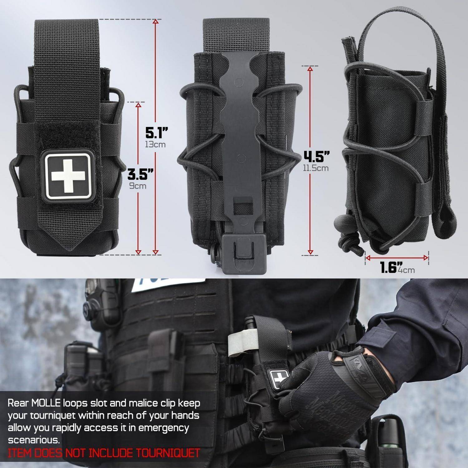 Schwarze Tourniquet-Tasche mit medizinischem Kreuz, von vorne, hinten und seitlich mit Größenbezeichnungen dargestellt; wird an einem Einsatzgürtel mit MOLLE und schnellem Zugriffsverschluss getragen.