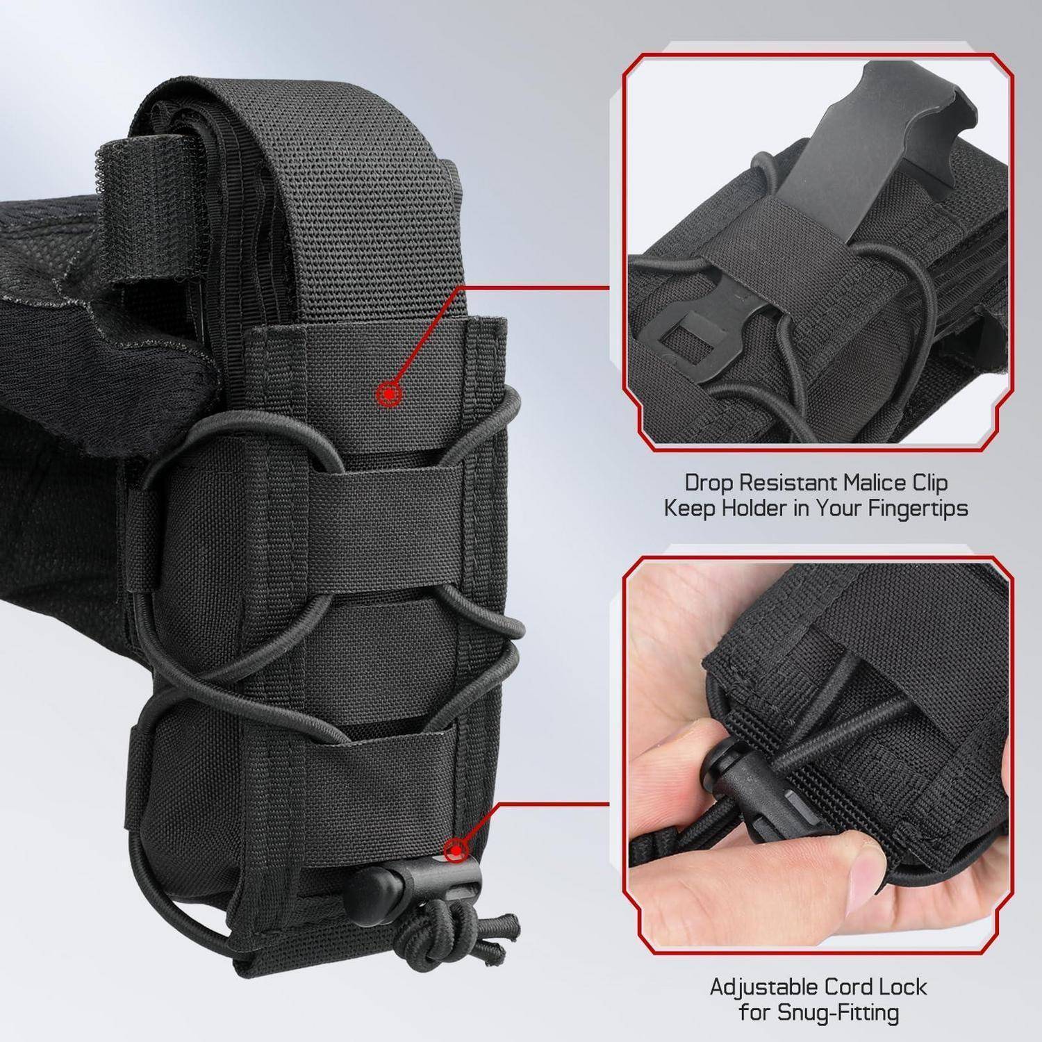 Nahaufnahme einer schwarzen taktischen Tasche mit Kordelverschlüssen und Clips, mit Detailfotos, die einen Malice-Clip-Halter und eine verstellbare Kordelsperr für die Ausrüstungssicherung zeigen.